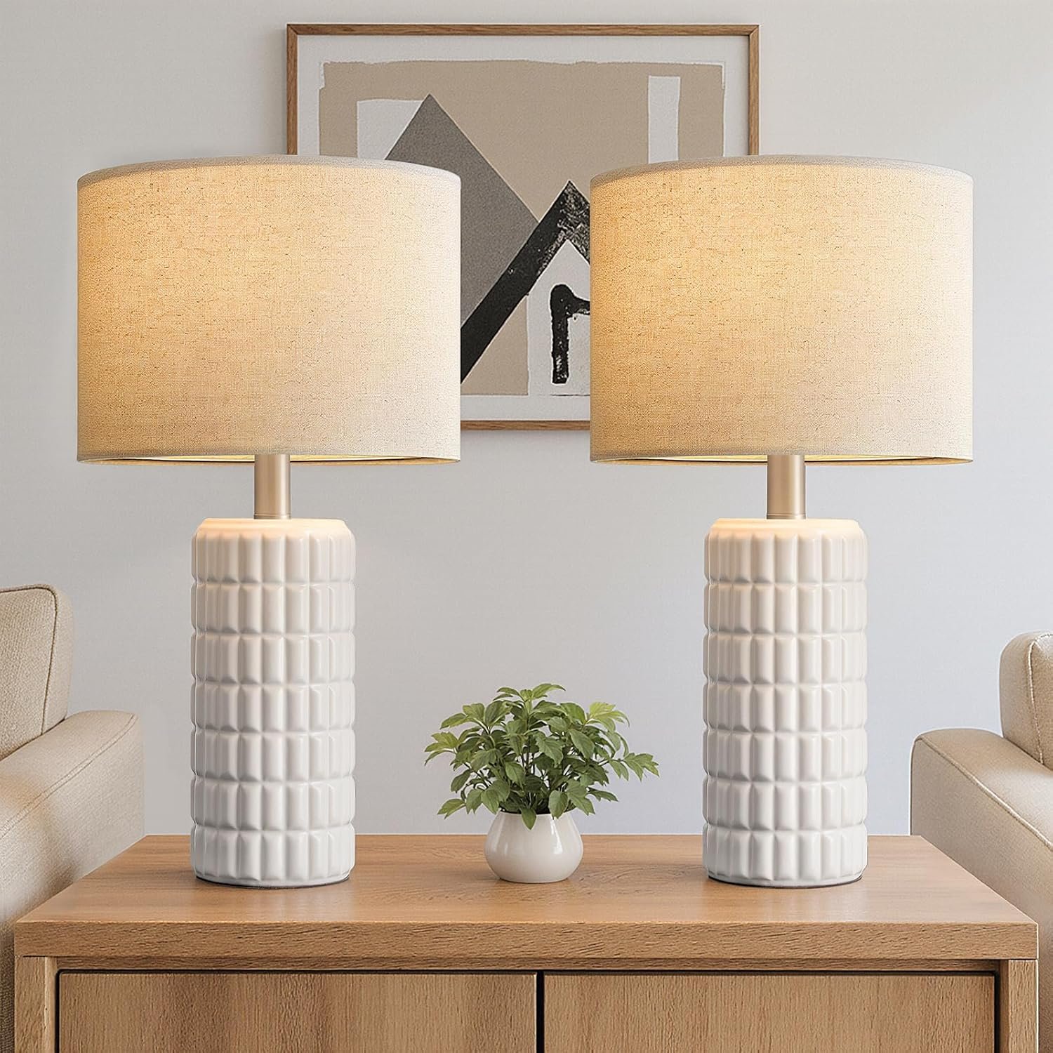 Seealle 23″ Modern Ceramic Table Lamps Set of 2, Lamps for Bedroom, White | Lamps for Living Room, Bedroom, Bedside, Night Stands, End Table, Desk, Farmhouse Home Decor