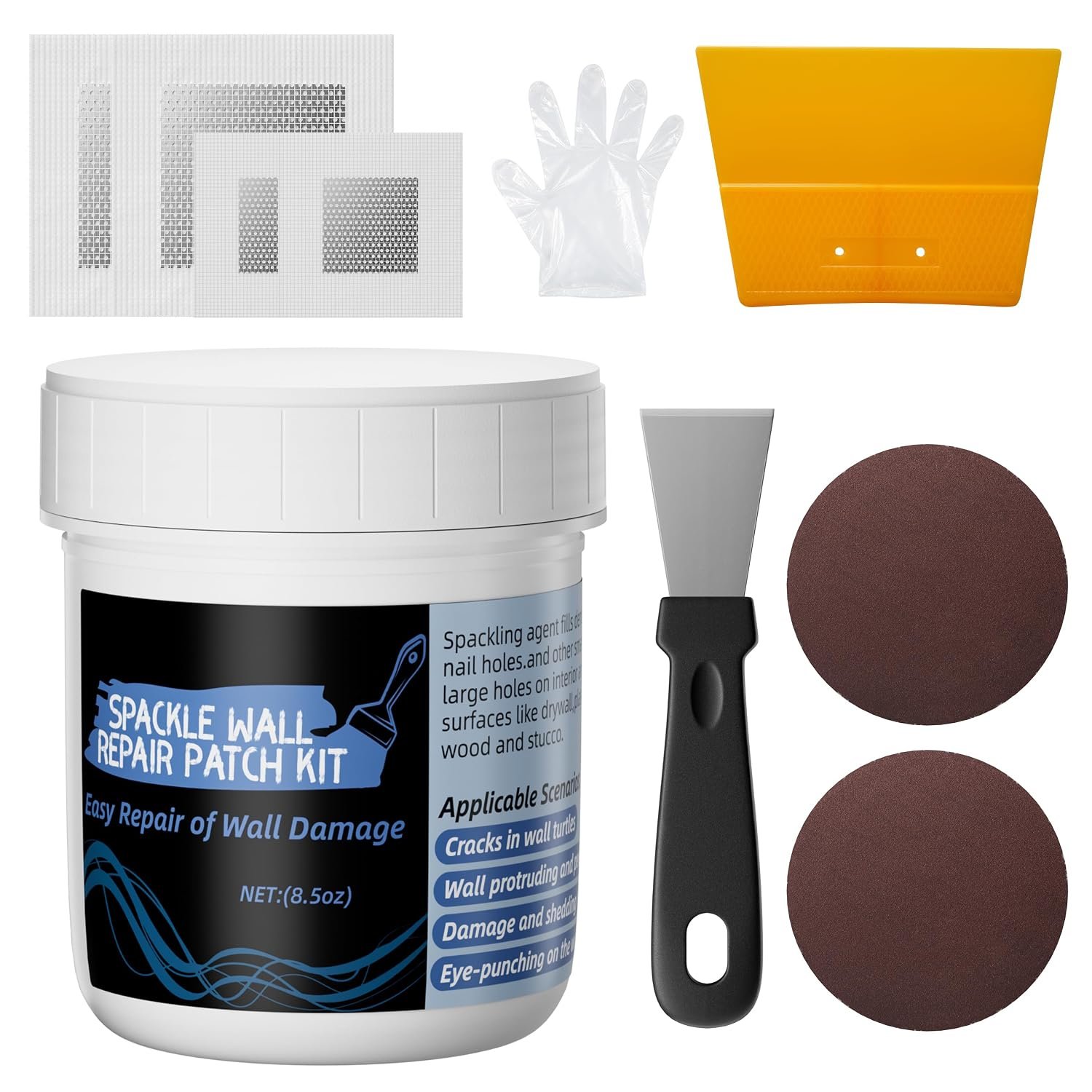 Oriflame Drywall Repair Kit: 8.5 Ounce Spackle Wall Repair with Patch/Scraper/Sandpaper/Gloves – White Wall Putty for Nail Holes/Cracks/Dents/Stains/Peeled Wall (1)