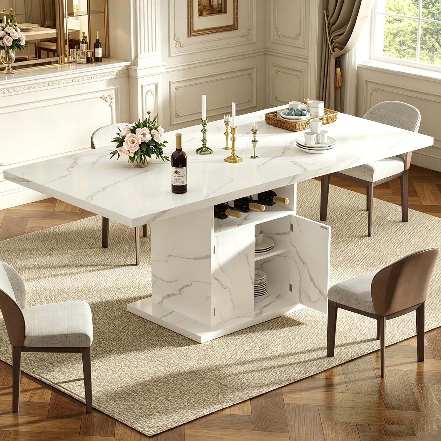Extendable Dining Room Table for 4-6, 47-63 Inch Faux Marble Extendable Dining Table, Modern Expandable Rectangle Kitchen Dining Table with Storage for Kitchen Living Room