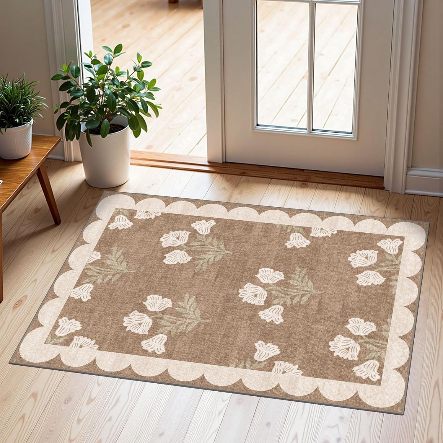 Front Door Mat Outside Entrance – 2×3 Floral Non-Slip Washable Doormat Indoor Outdoor Mat Tan Neutral Farmhouse Scalloped Entry Rug Small Throw Rugs for Entryway Kitchen Front Porch Decor