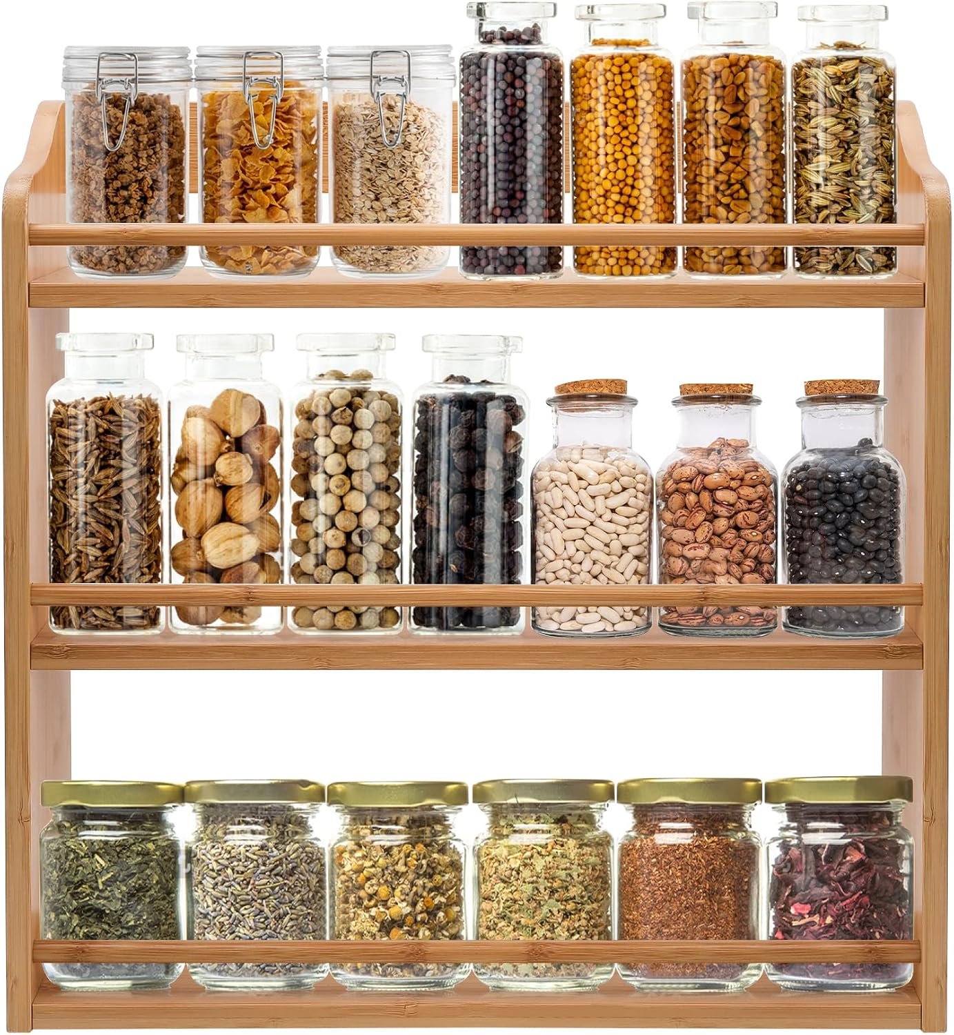 3 Tier Bamboo Spice Rack Wall Mount or Countertop,Spice Organizer | Seasoning Jars Rack Spice Shelf Organizer for Kitchen Counter or Wall Mounting