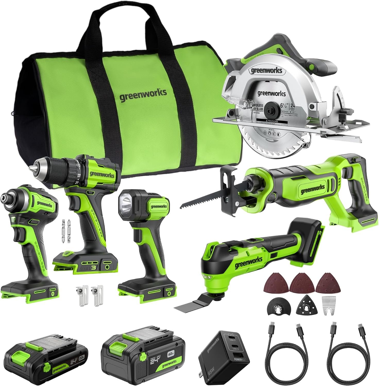 GREENWORKS 24V (6-Tool) Combo (Drill, Impact Driver, Circular Saw, Reciprocating Saw, Multi-Tool, Flashlight), 4.0Ah + 2.0Ah (24,000mAh Power Bank) Batteries, (2) Cables, 65W Rapid Charger
