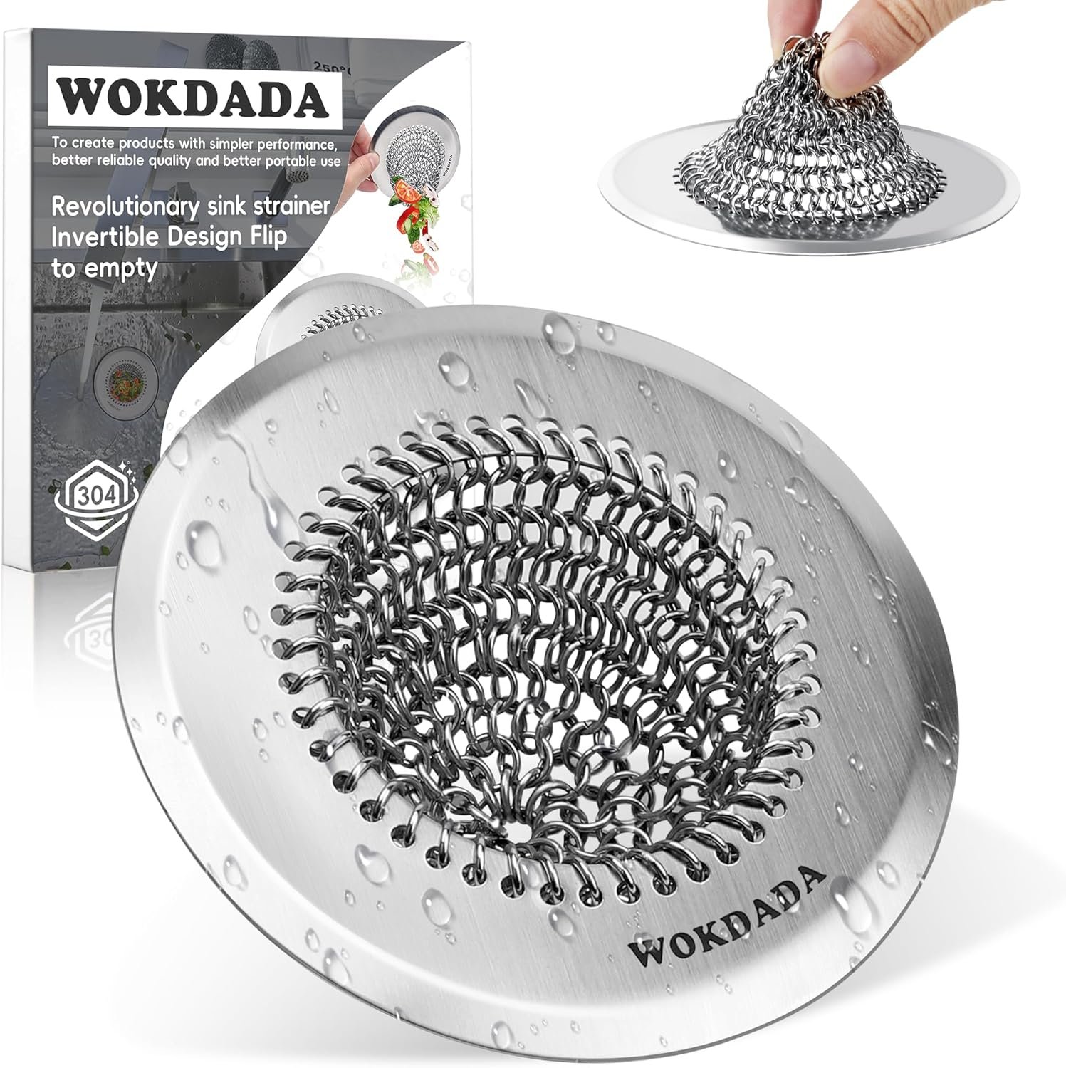 Kitchen Sink Drain Strainer,Patented Reversible Chain Mesh Basket Anti-Clog | Revolutionary Sink Strainer，Easy Clean，Fast Drainage，304 Stainless Steel Rust-Proof，4.4″ Large Capacity Food Catcher/Handmade
