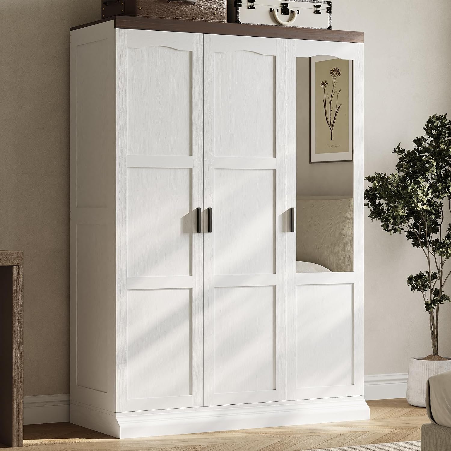 ANCTOR 3-Door Armoire Wardrobe Closet with Mirror and 2 Hanging Rods | Long & Short Hanging Zones / 3 Shelf Levels / Adjustable Shelf / Soft-Close Hinges / Two-Carton Packaging