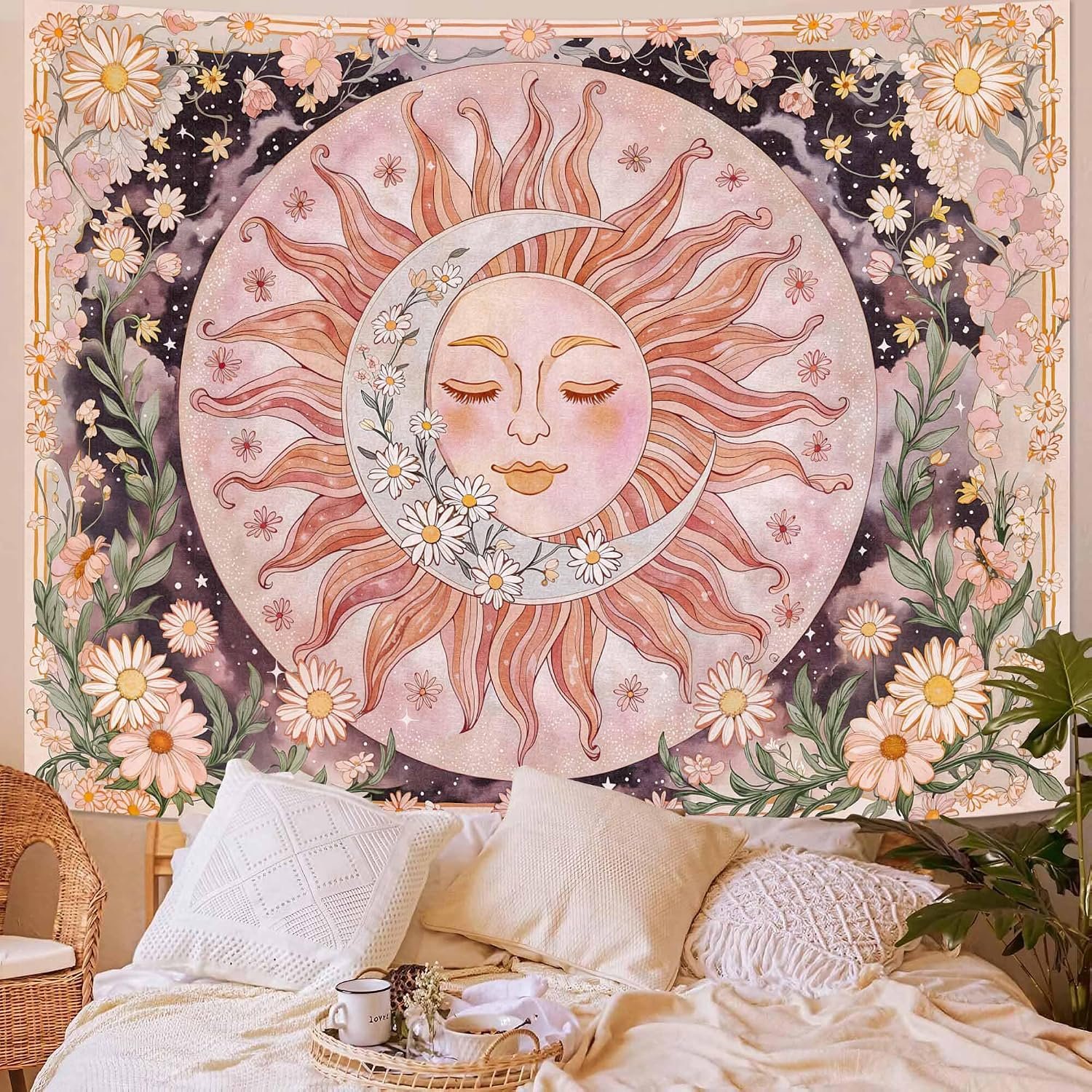 Neasow Sun Moon Daisy Tapestry, Boho Aesthetic Floral Wall Art, Pink Hippie Decor for Living Room Bedroom Home, 36×48 inches