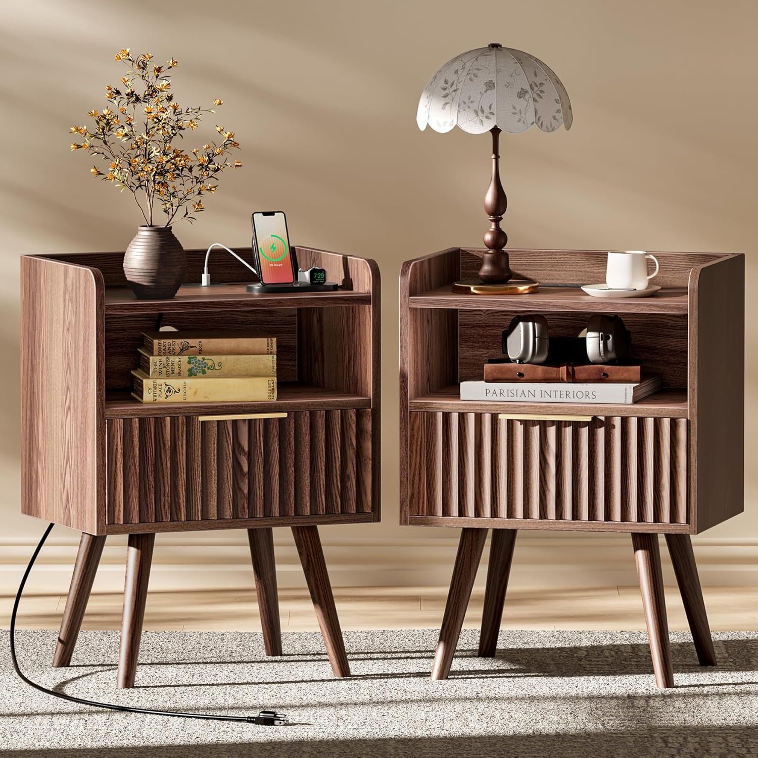 Huuger Nightstand Set of 2 with Charging Station, USB-C Port, End Tables | Fluted Night Stand Bedside Table with Drawer, Solid Wood Feet, Open Storage, with Raised Edge, for Bedroom, Walnut