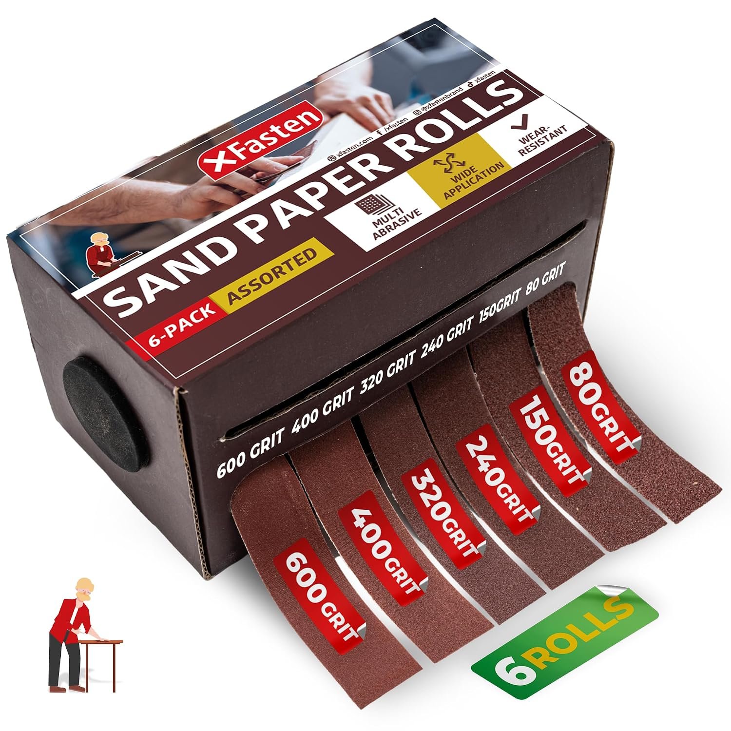 XFasten 6 Grits Sandpaper Assortment Rolls 80 150 240 320 400 600 Grit Abrasive Sand Paper Roll Set Compact Multi Roll Sandpaper Dispenser Sanding Cloth for Wood, Sand Cloth 6m (118 Feet Total)