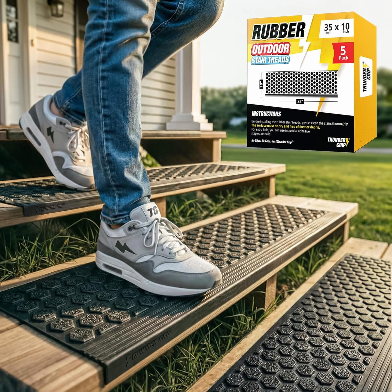 Rubber Stair Treads Outdoor 35″ x 10″ 5-Pack – Heavy-Duty Non-Slip Rubber | Outdoor Stair Treads Non-Slip Weather Resistant, Exterior Rubber Mats for Wooden Steps, Anti Slip Step Covers by Thunder Grip