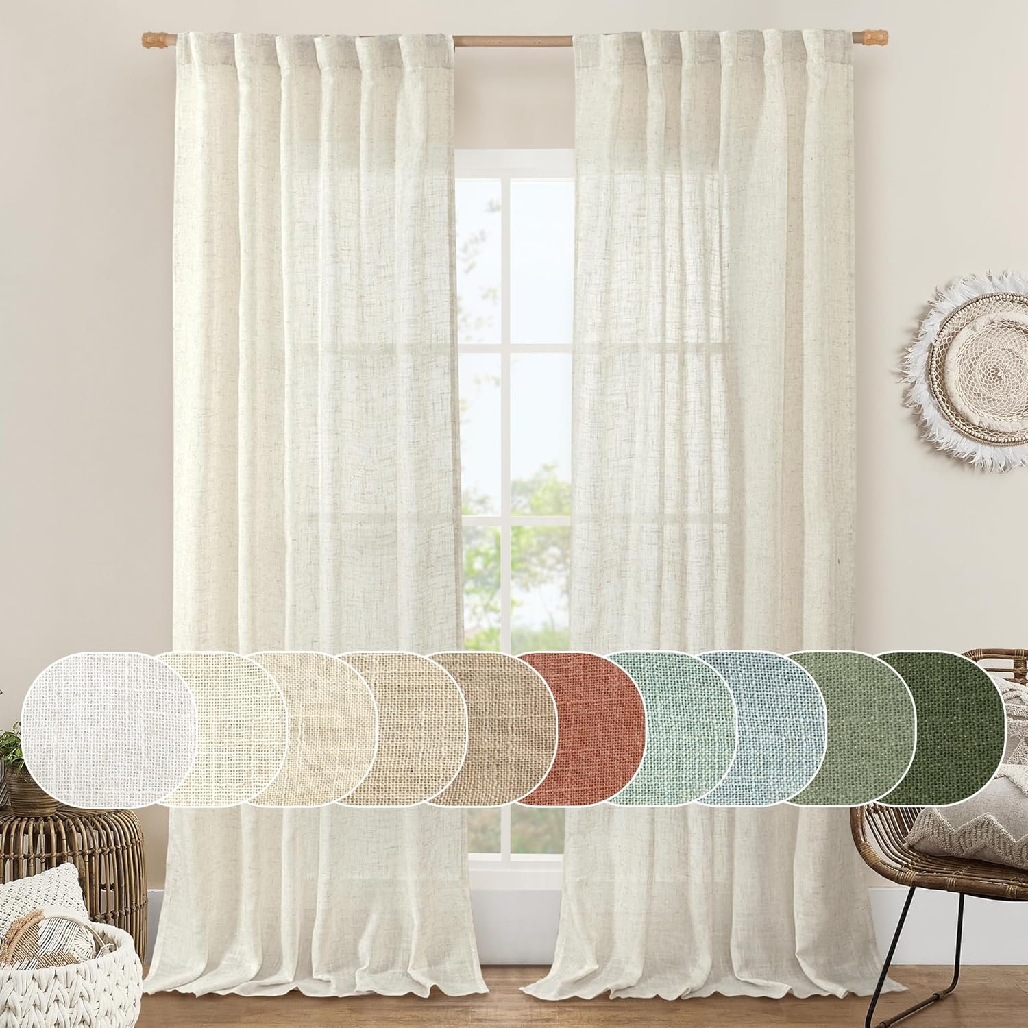 Natural Ivory Semi Sheer Linen Curtains 84 inch Long for Bedroom | Cream White, Light Filtering, Neutral, Living Room Panels, Farmhouse, Back Tab Rod Pocket, 2 Panels, 52 x 84 Inch