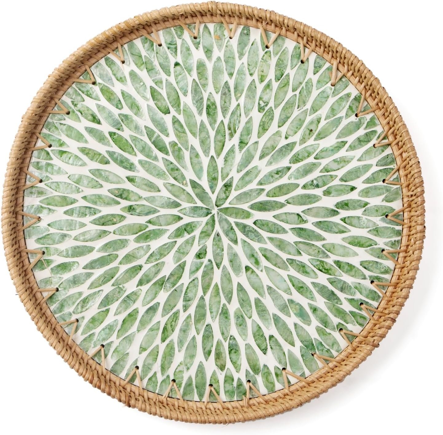 Round Rattan Tray with Mother of Pearl Inlay, Wooden Base | Coffee Table Serving Tray, Home Decorative Wicker Woven, for Outoor Patio Decor
