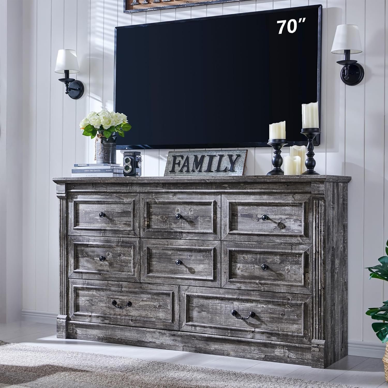 Aitjunz Farmhouse 8 Drawers Dresser for Bedroom, 61″ Wide Large Dressers & Chests of Drawers w/Roman Column, Storage Dressers Organizer for Bedroom, Hallway, Living Room, Light Grey