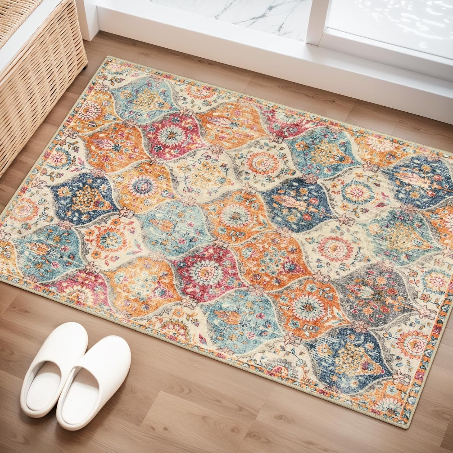Lahome Moroccan Trellis Washable Rug, 2×3 Kitchen Rugs for Entryway Bathroom, Non-Slip Indoor Door Mat Ultra-Thin, Small Oriental Throw Carpet for Bedroom Entry Elise, Cream/Multi