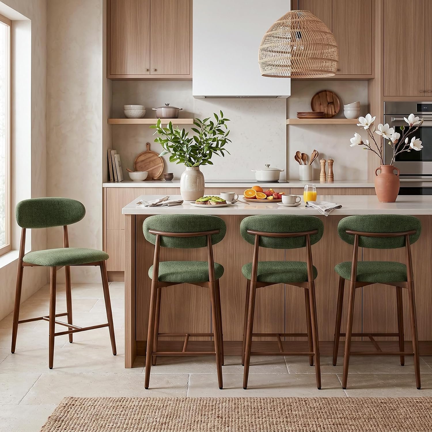 MOLENE Metal Bar Stools Set of 4, 26″ Counter Height Bar Stools with Backs, Mid Century Modern Upholstered Barstools for Kitchen Island, Dining Room, Green