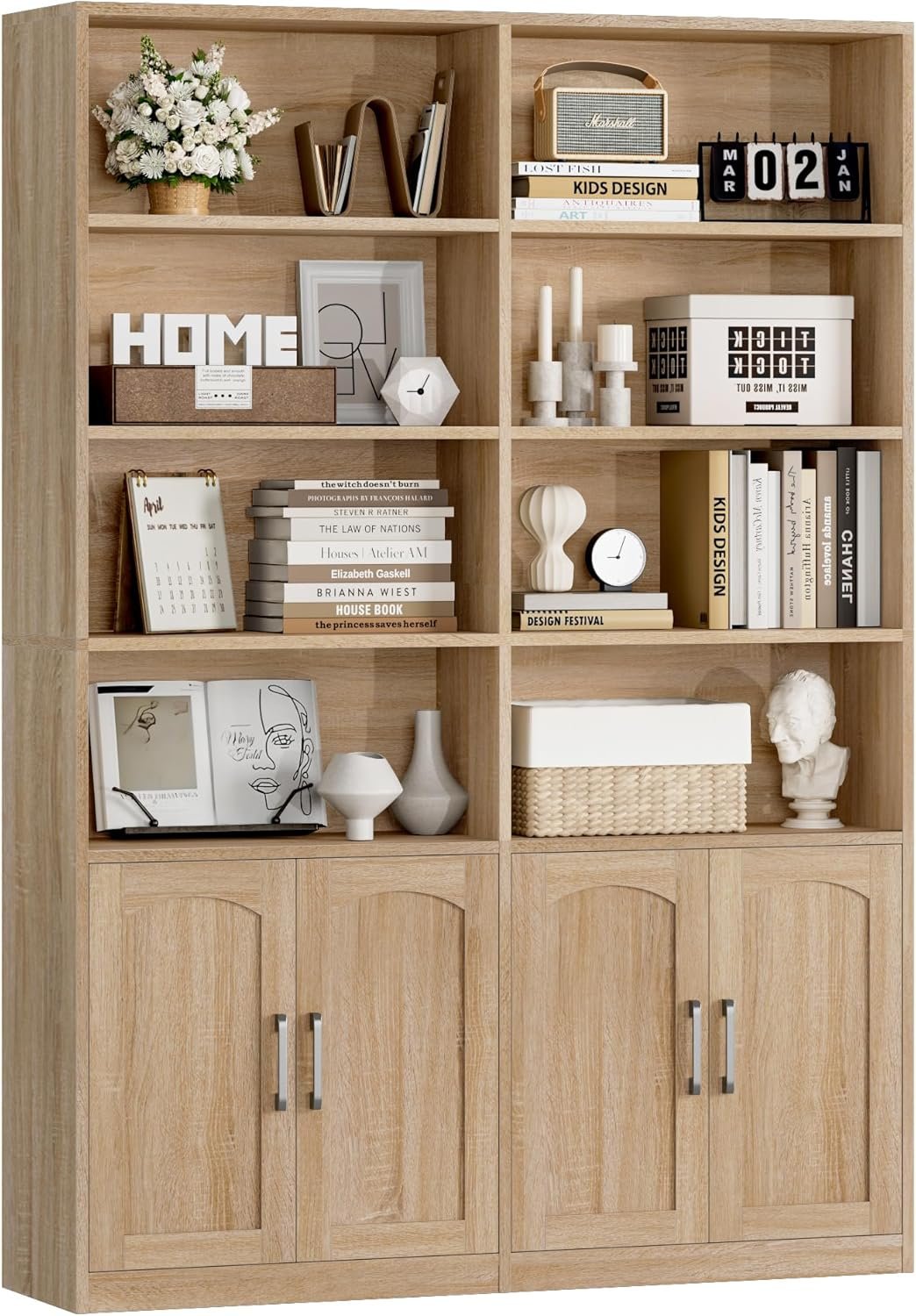 Bookshelf and Bookcase with Doors, Double Wide Large Bookshelves | Industrial Open Display Shelves 6 Tier, 73” Tall Bookshelf with Storage Cabinets for Office, Home, Living Room,Light Oak