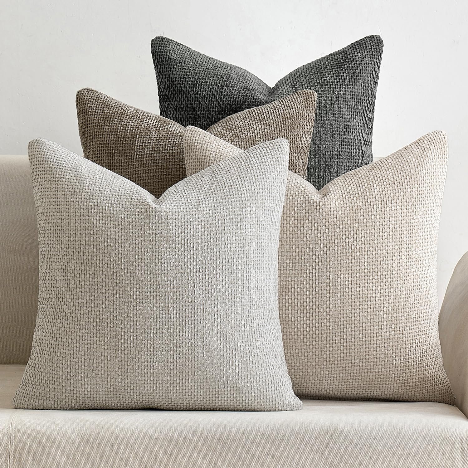 MIULEE Soft Decorative Chenille Pillow Covers Neutral 18×18 Pack of 4 | Mid Century Modern Decor, Cream to Charcoal Set, Couch Throw Pillows, Farmhouse Boho Cushion Covers for Sofa Bed Living Room