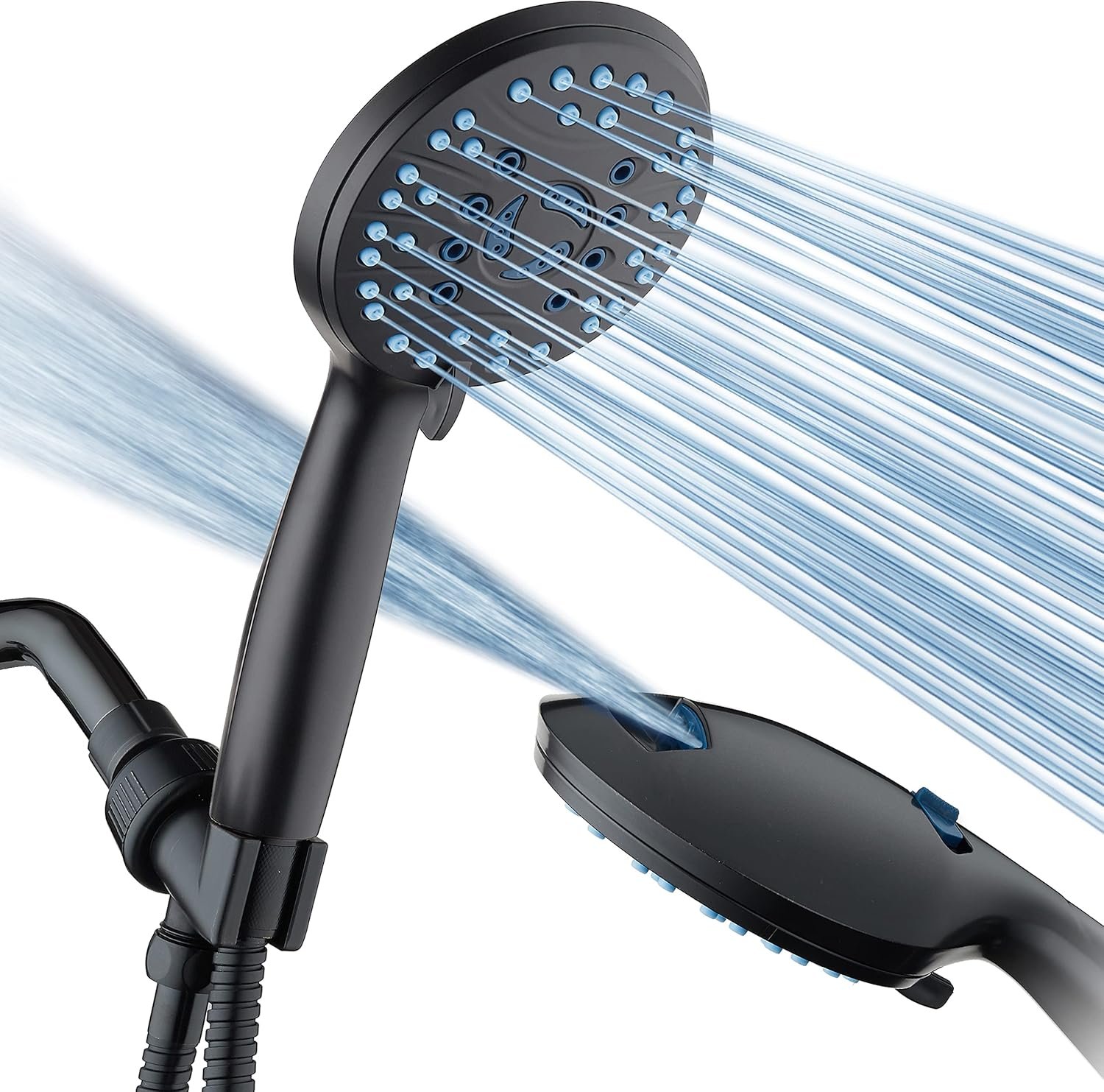 AquaCare High Pressure 8-mode Handheld Shower Head – Anti-clog Nozzles, Built-in Power Wash to Clean Tub, Tile & Pets, Extra Long 6 ft. Stainless Steel Hose, Wall & Overhead Brackets | Stay Clean Nozzles, Dual Power Wash for Tub, Tile & Pets, Long 6 ft. Stainless Steel Hose, Wall & Overhead Brackets / Black
