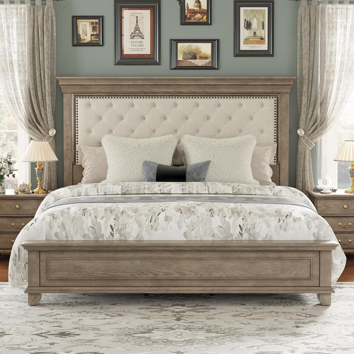 Solid Pine Wood King Bed Frame | 69″ High Upholstered Headboard