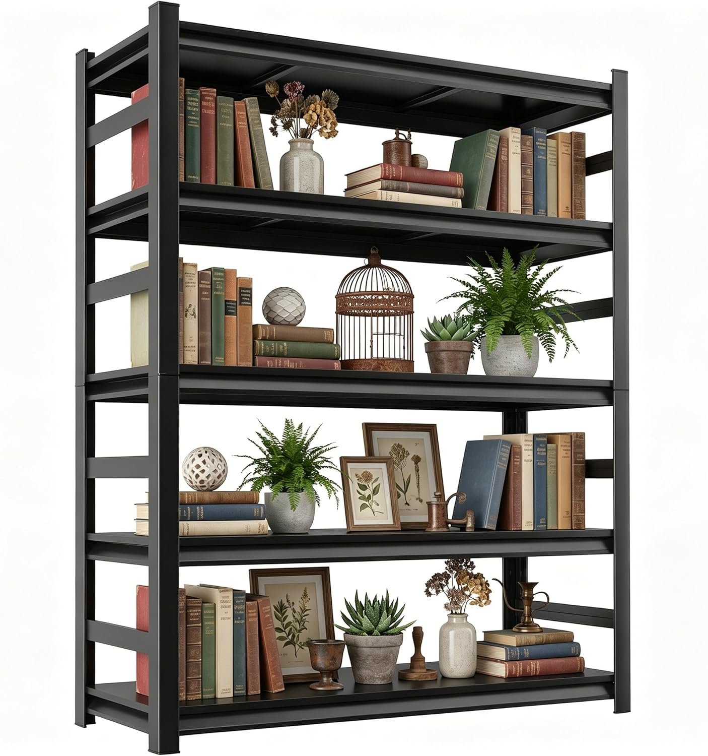 5 Tier Metal Book Shelf, Adjustable Tall Bookcase with Anti-Drop Fence | 72″H Heavy Duty 3000LBS Modern Deep Bookshelf, Bolt-Free Storage Shelves for Living Room, Home Office, Garage
