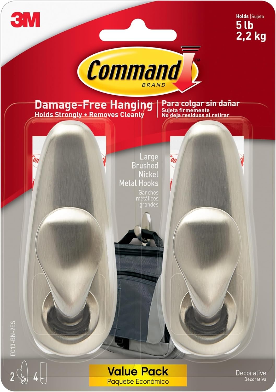 Command 5 lb Large Brushed Nickel Metal Hooks, 2 Coat Hooks and 4 Strips, Damage-Free Hanging with Adhesive, Great for Hanging Back to School Dorm Organizers