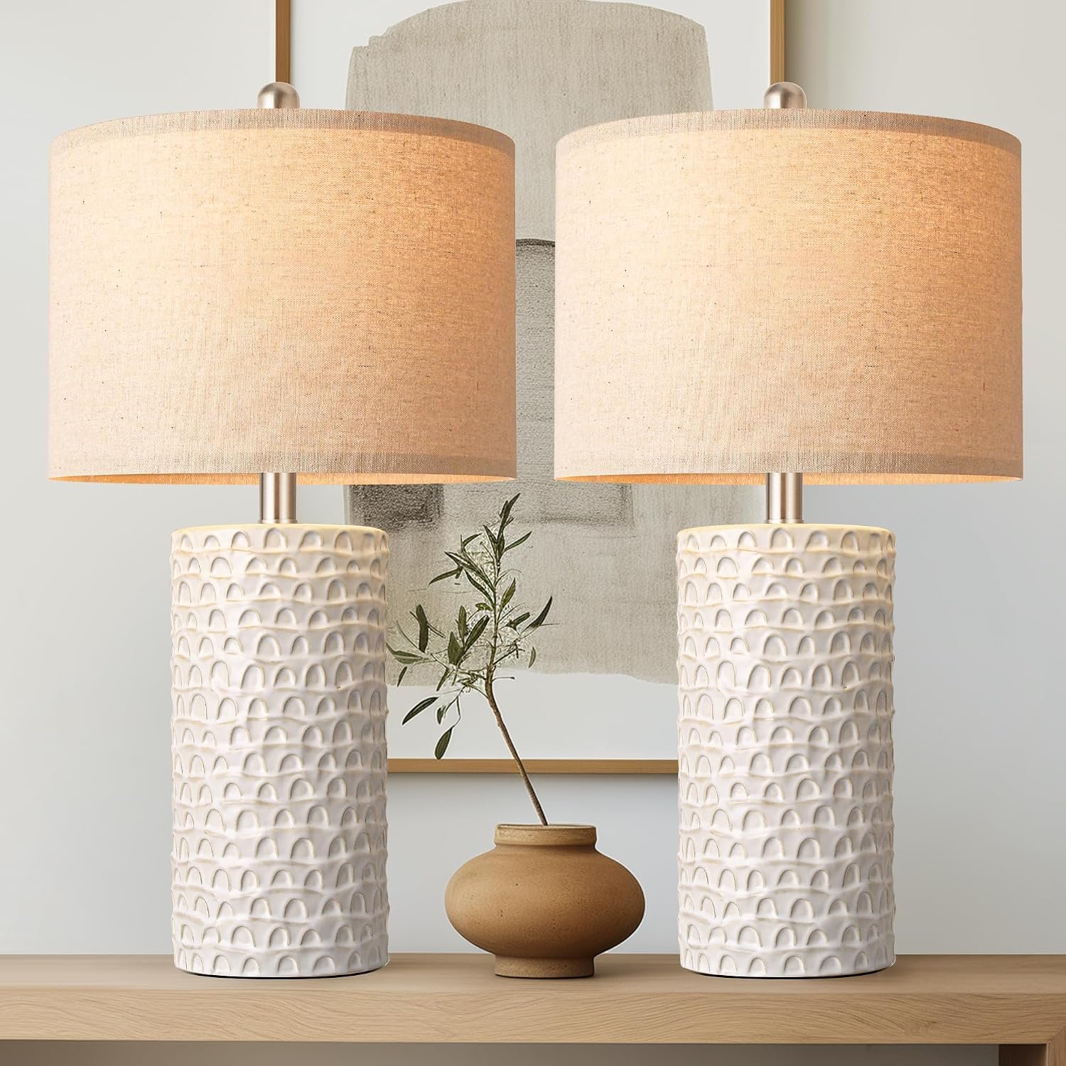 23″ Modern Ceramic Table Lamp Set of 2, Table Lamps for Living Room, Rustic Farmhouse Bedside Lamps Nightstand lamp for Bedroom, White Desk Lamp for End Table Home Decor Beige