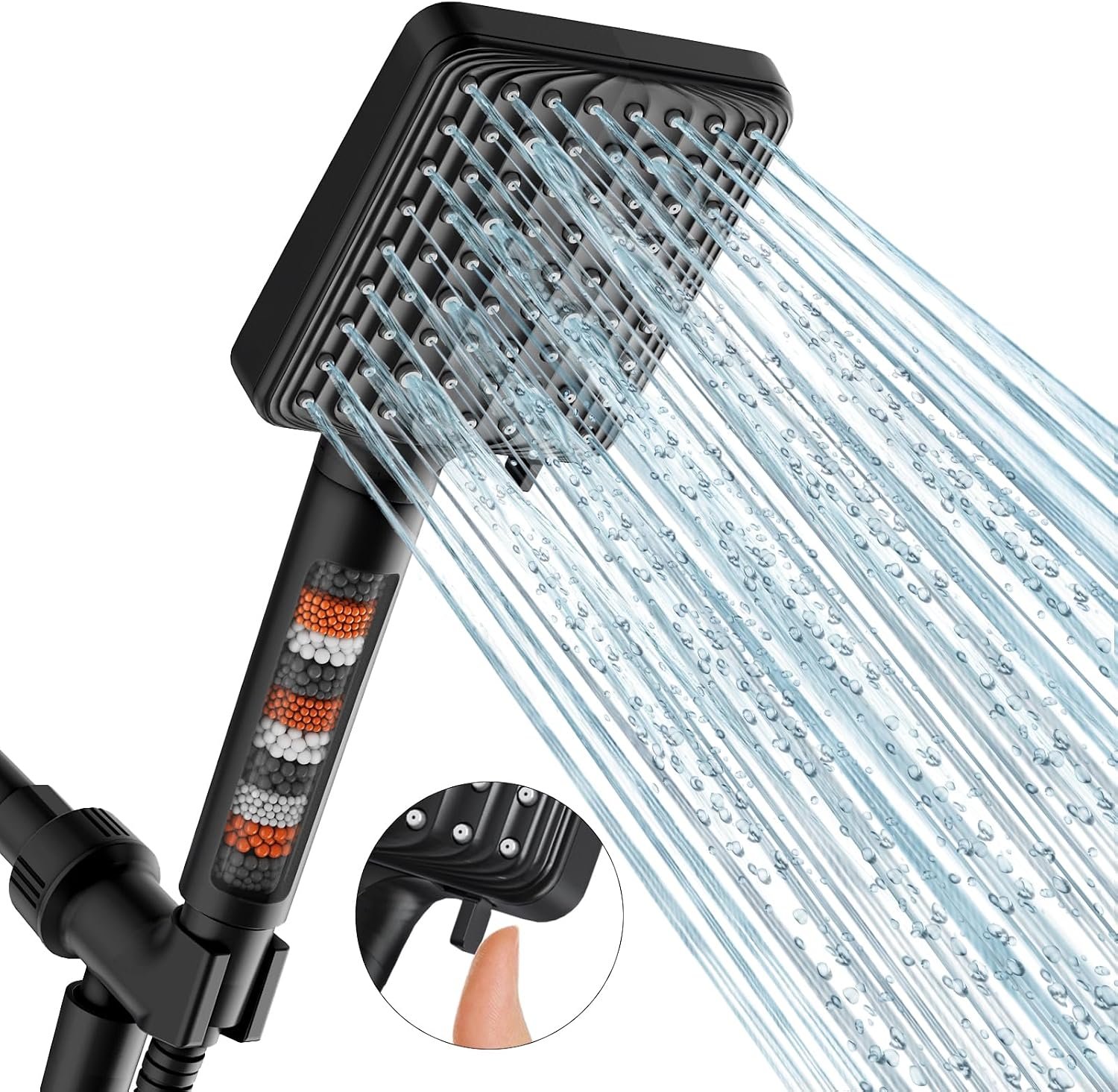 MakeFit Filtered Shower Head Black – 6 Modes High Pressure Handheld Shower Head with Filter Mineral Beads, Detachable Handheld Showerhead Set with Stainless Steel Hose and Shower Arm Bracket