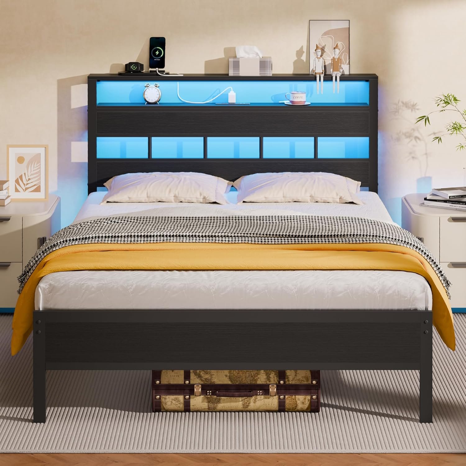 Full Size Bed Frame, Storage Headboard, LED & Charger, Black Oak | Metal Platform Bed with Heavy Duty Slats Support, 2-Tier Wood Shelf,USB & Type-C Ports,Noise-Free,No Box Spring,Easy Assembly