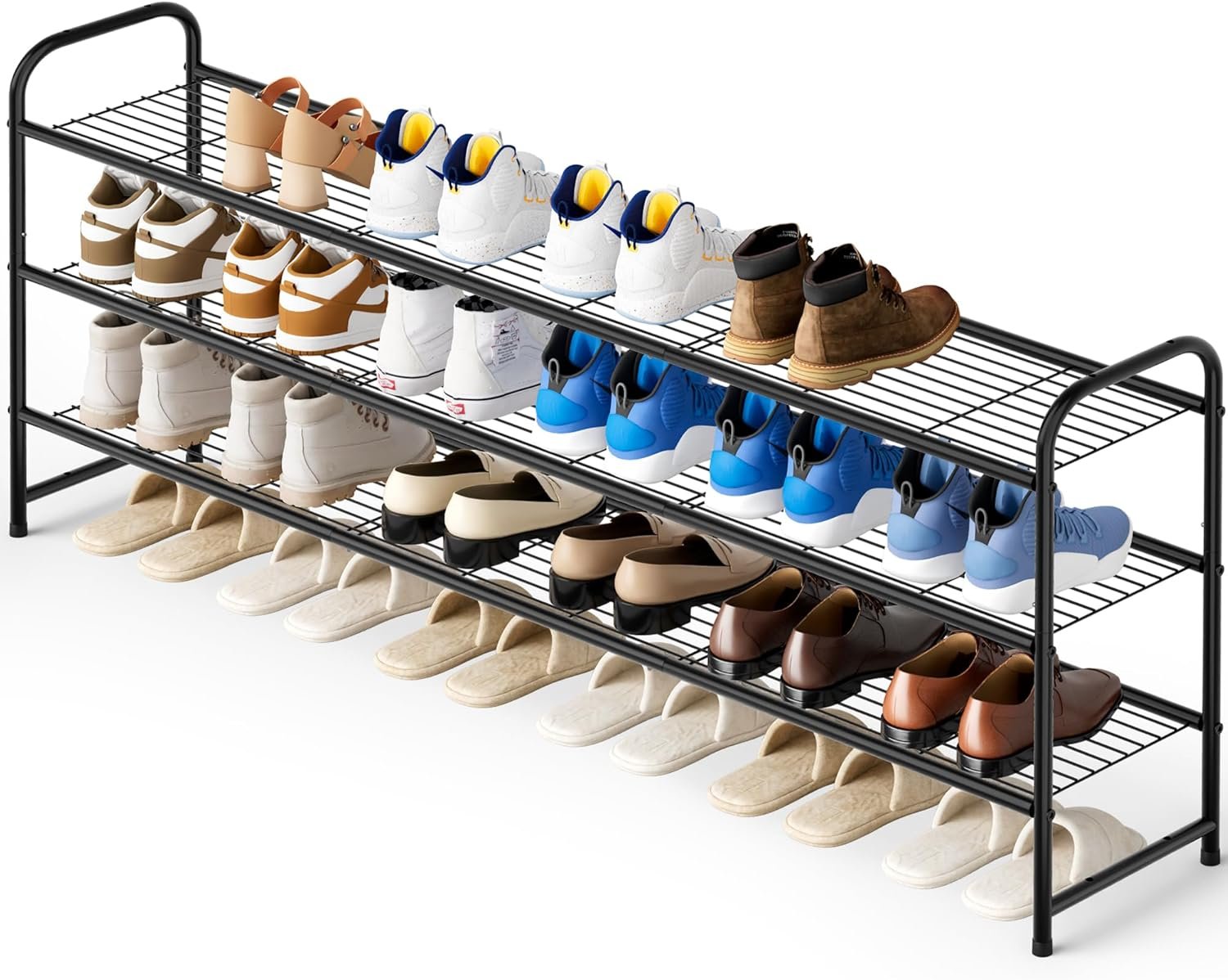 3-Tier Long Shoe Rack for Closet Metal Shoe Organizer for Entryway, Wide Stackable Shoe Storage Shelf with Sturdy Wire Grid for Closet Floor, Bedroom, Black