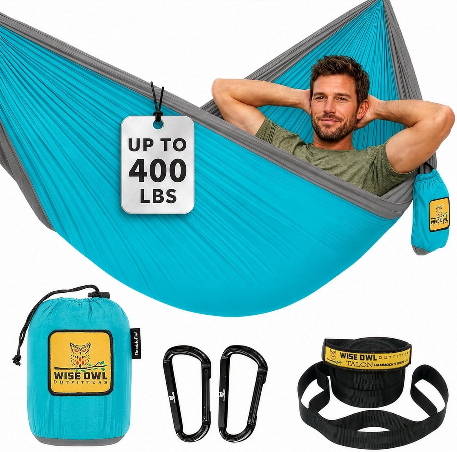 Wise Owl Outfitters Hammock for Camping Single Hammocks Gear for The Outdoors Backpacking Survival or Travel – Portable Lightweight Parachute Nylon SO Lt Blue & Grey