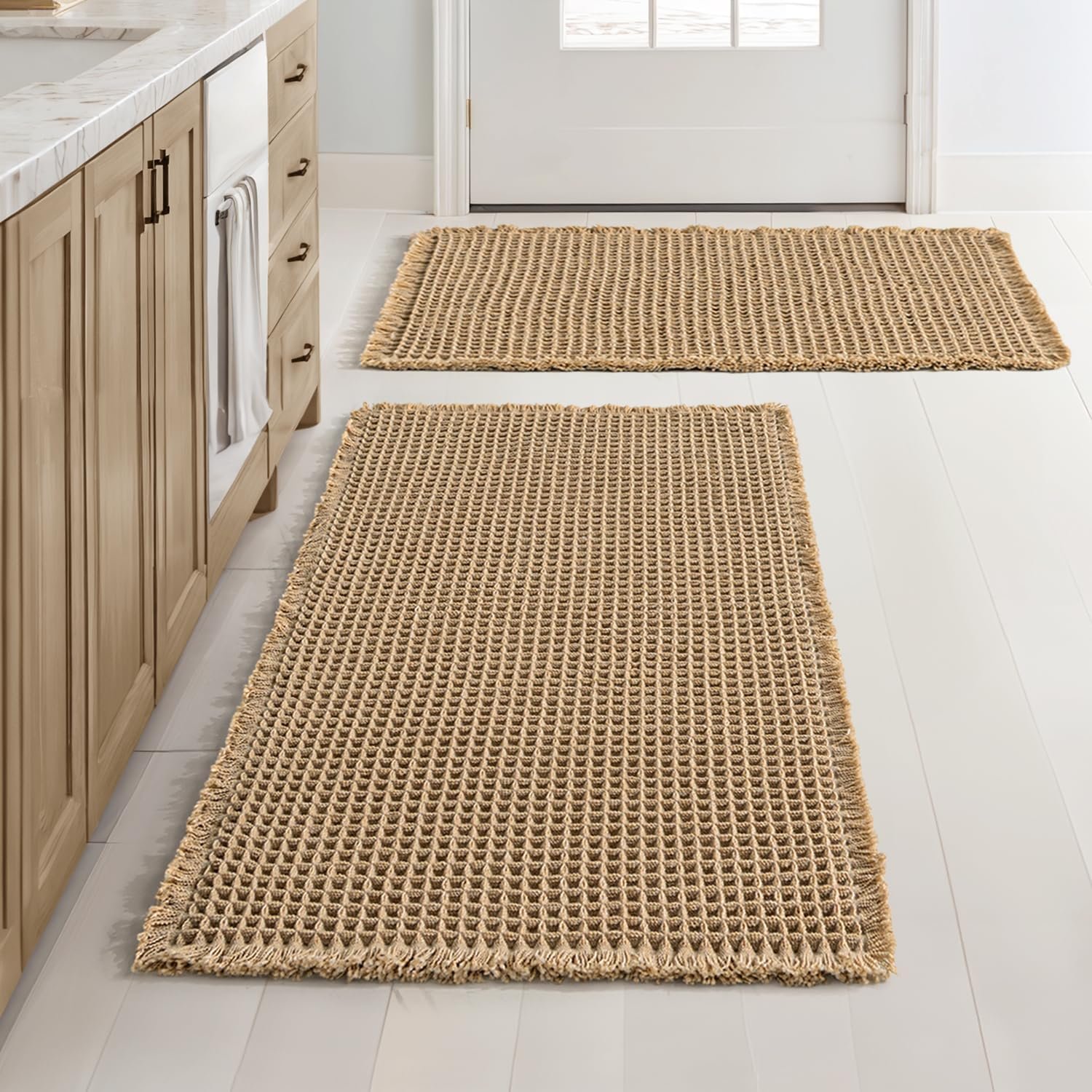 MIULEE Set of 2 Waffle Bathroom Rugs Boho Bath Mat Brown 18×30 Inch | Non Slip, Super Absorbent, Washable, Ultra Soft, Rubber Backed Bath Rugs for Bathroom Floor Tub Shower