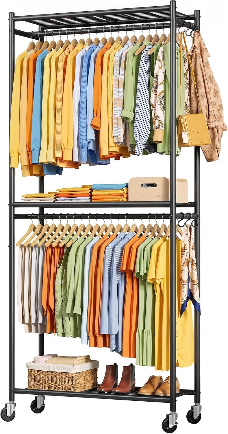 Sakugi Clothes Rack – 33.0″ x 12.2″ x 79.5″ Clothing Rack with Shelves & Wheels, Multi-Functional Wardrobe Closet with Hooks, Sturdy Metal Garment Rack for Bedroom, Laundry, Balcony (Black)