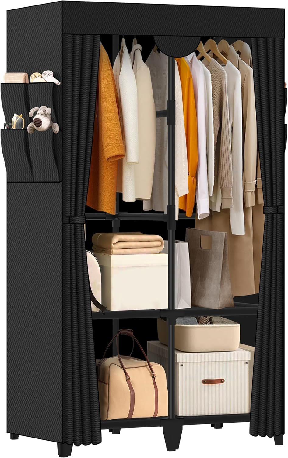 Wardrobe Closet, Quick and Easy Assembly, Black Portable Closet | Sturdy and Stable Clothes Rack with Cover, 2 Hanging Rods 4 Storage Shelves and 8 Side Pockets, for Bedroom and Dormitory