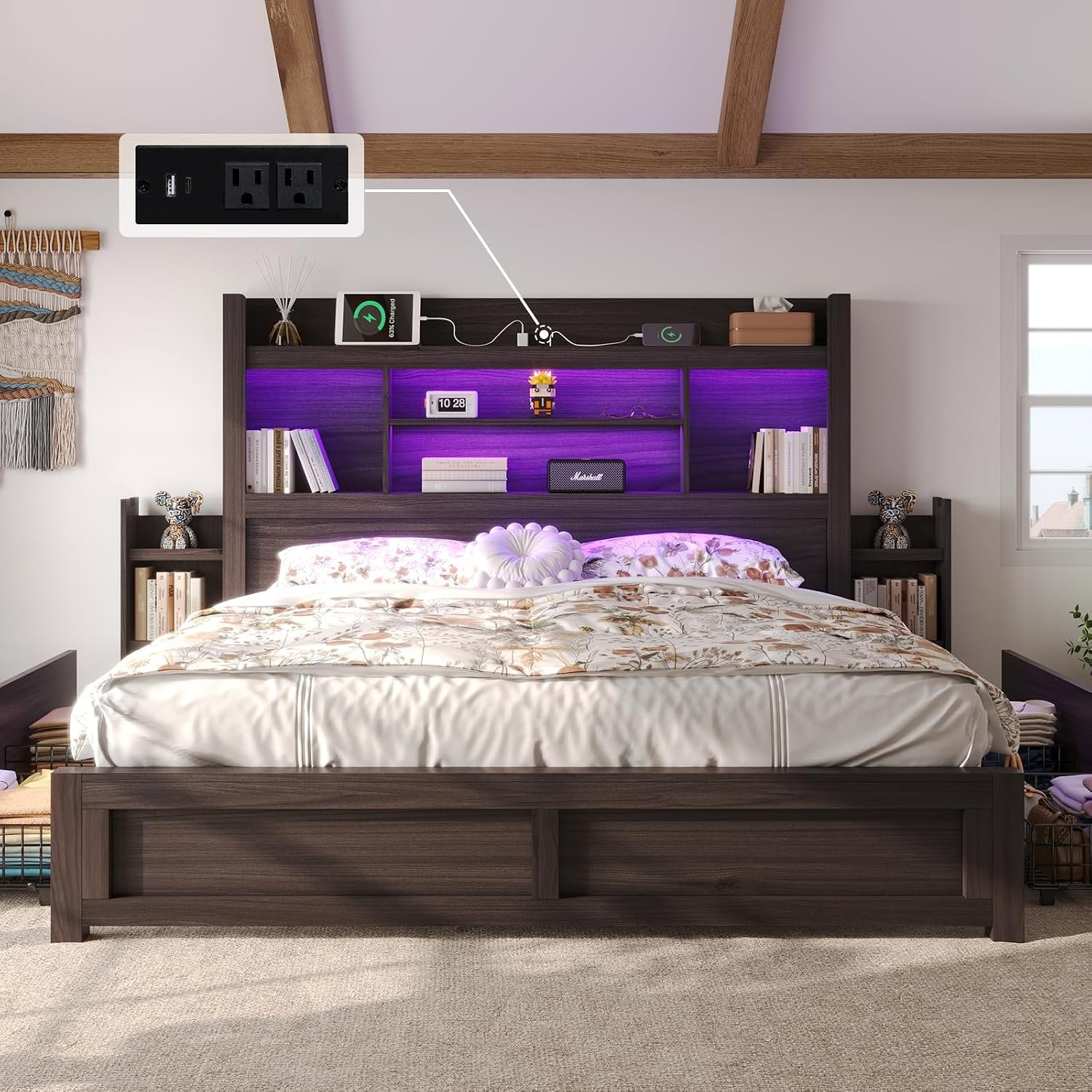 King Bed Frame with Storage, Bookcase Headboard, Black | 49.6″ Headboard, Wood Platform Bed, Charging Station, Bedside Storage, 4 Storage Drawers, No Box Spring Needed, Farmhouse
