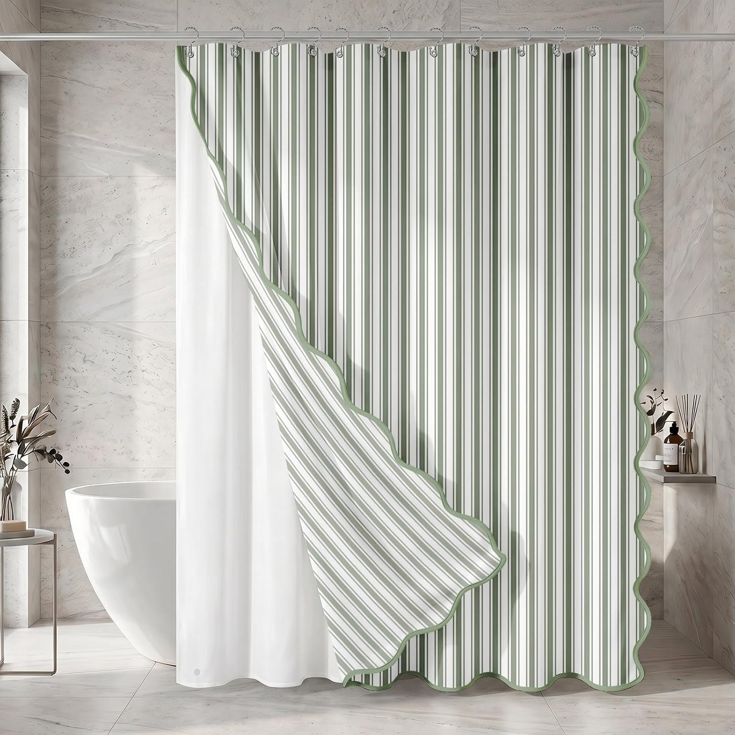 Scalloped Shower Curtain with PEVA Liner Set, 72×72 Inch, Sage Green | Farmhouse Striped Modern 3 in 1 Waterproof Washable Fabric Bathroom Curtains with 12 Rust-Resistant Metal Hooks
