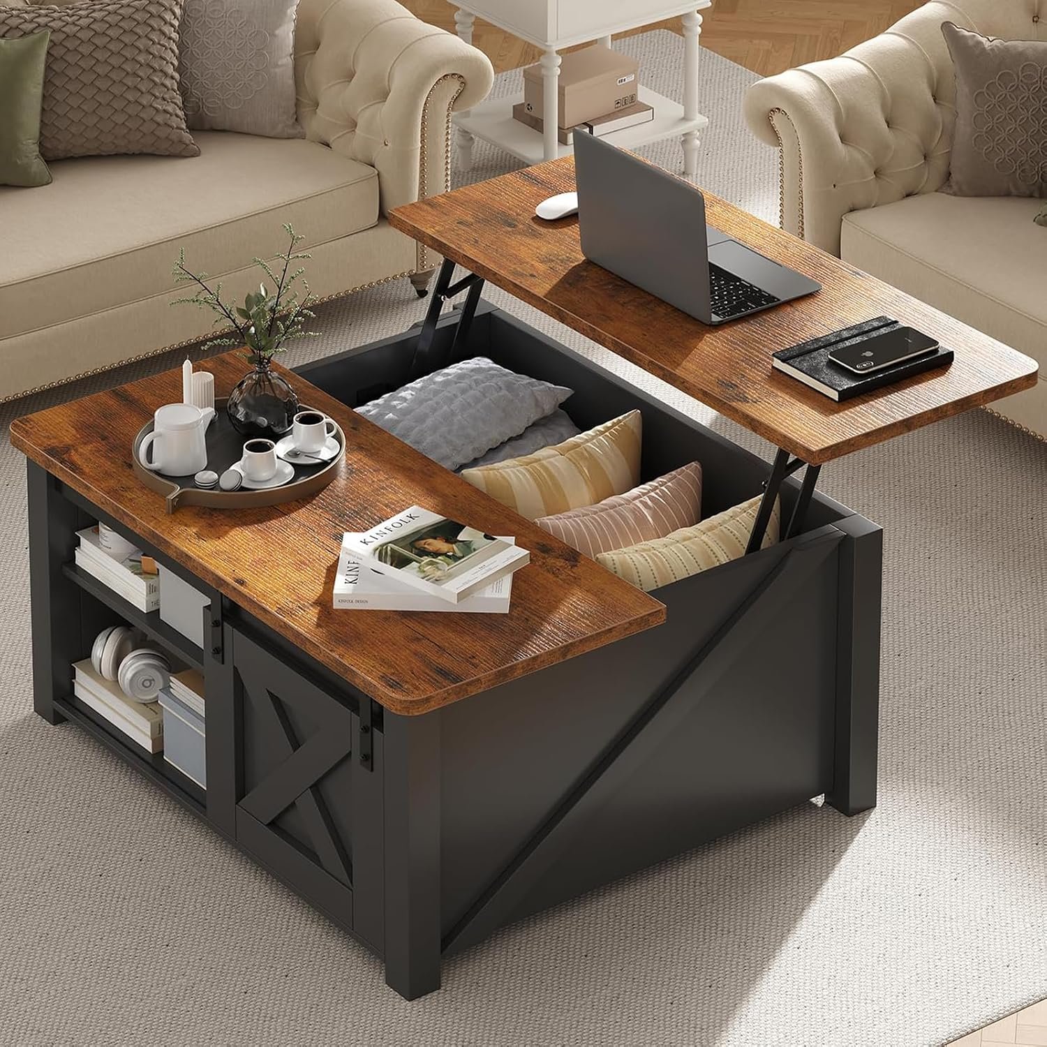 DUMOS Coffee Table, Lift Top Center Table Living Room, Hidden Storage | Square Adjustable Shelves, Storage Compartment, Living Room Home Gaming, Modern Wooden, Black