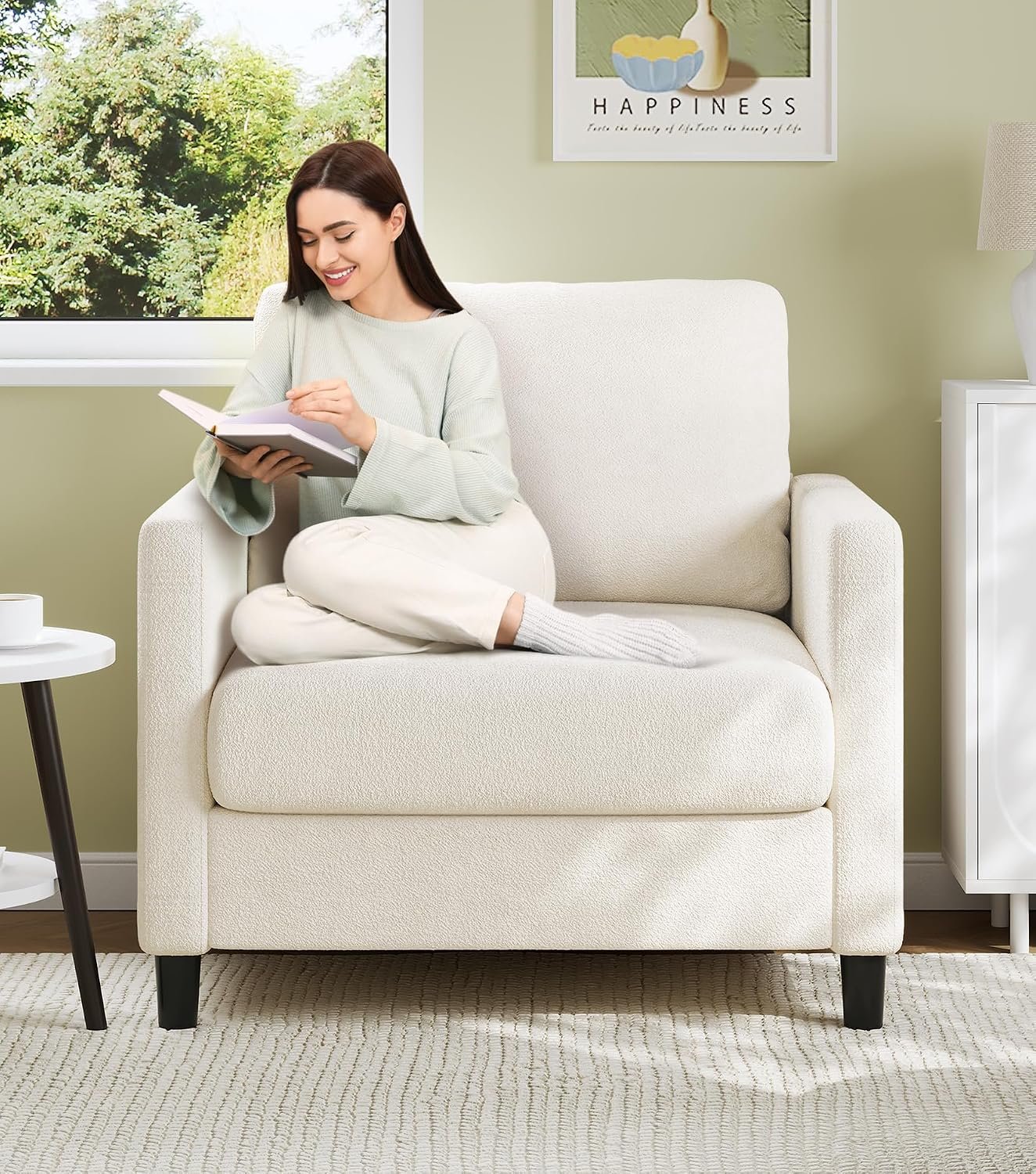 Welzona Sofa Accent Chair, 33″ Reading Chair, Comfy Teddy Arm Chairs | Comfy Teddy Fabric, Tool-free Setup, Washable Covers, All-wood Couch Chairs for Living Room, Bedroom, Reading Nook, Beige