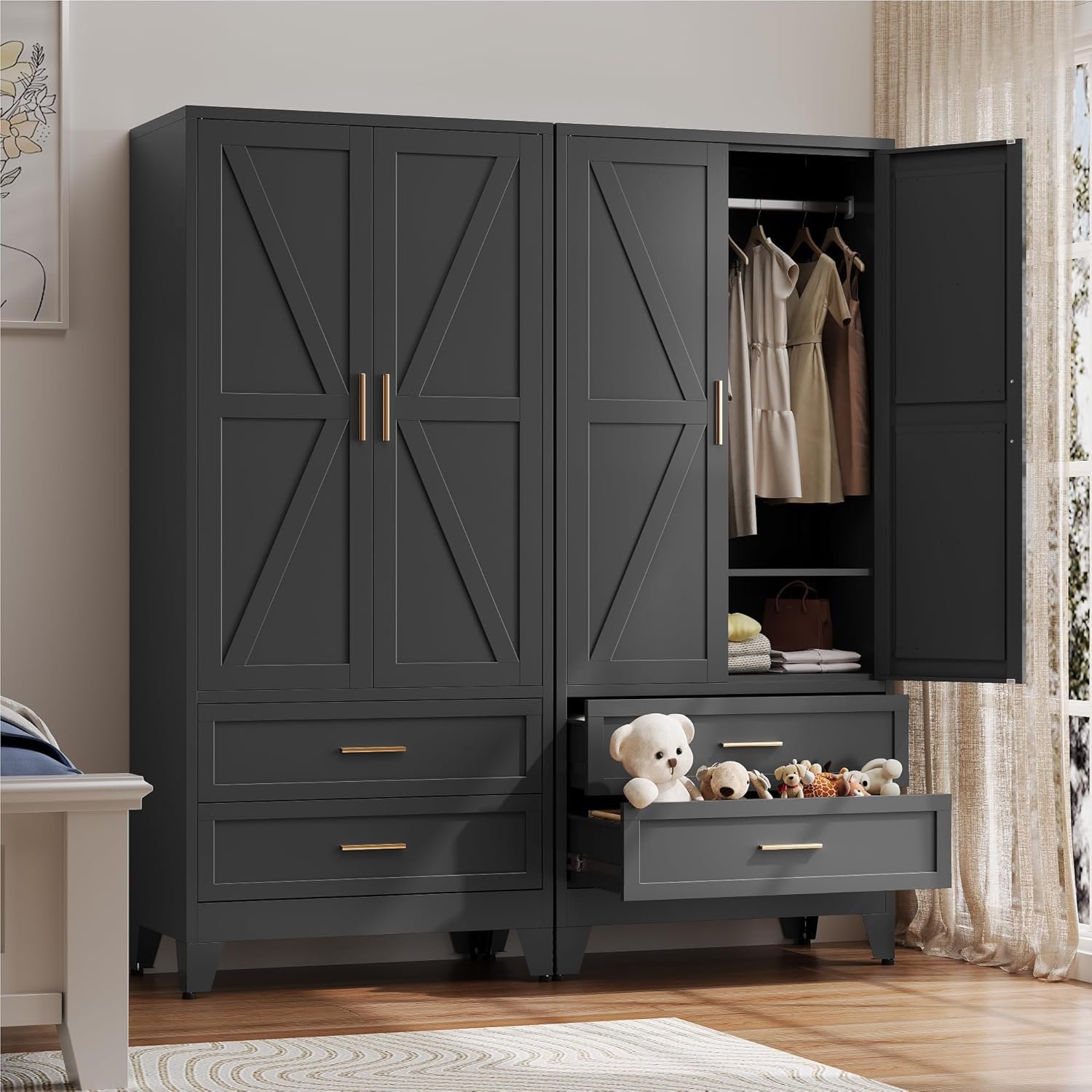 Baborokic Metal Wardrobe Cabinet with Hanging Rod,71″ Armoire Wardrobe Closet with Adjustable Shelves,Farmhouse Steel Clothing Storage Cabinets for Bedroom,Office,Laundry Room Black
