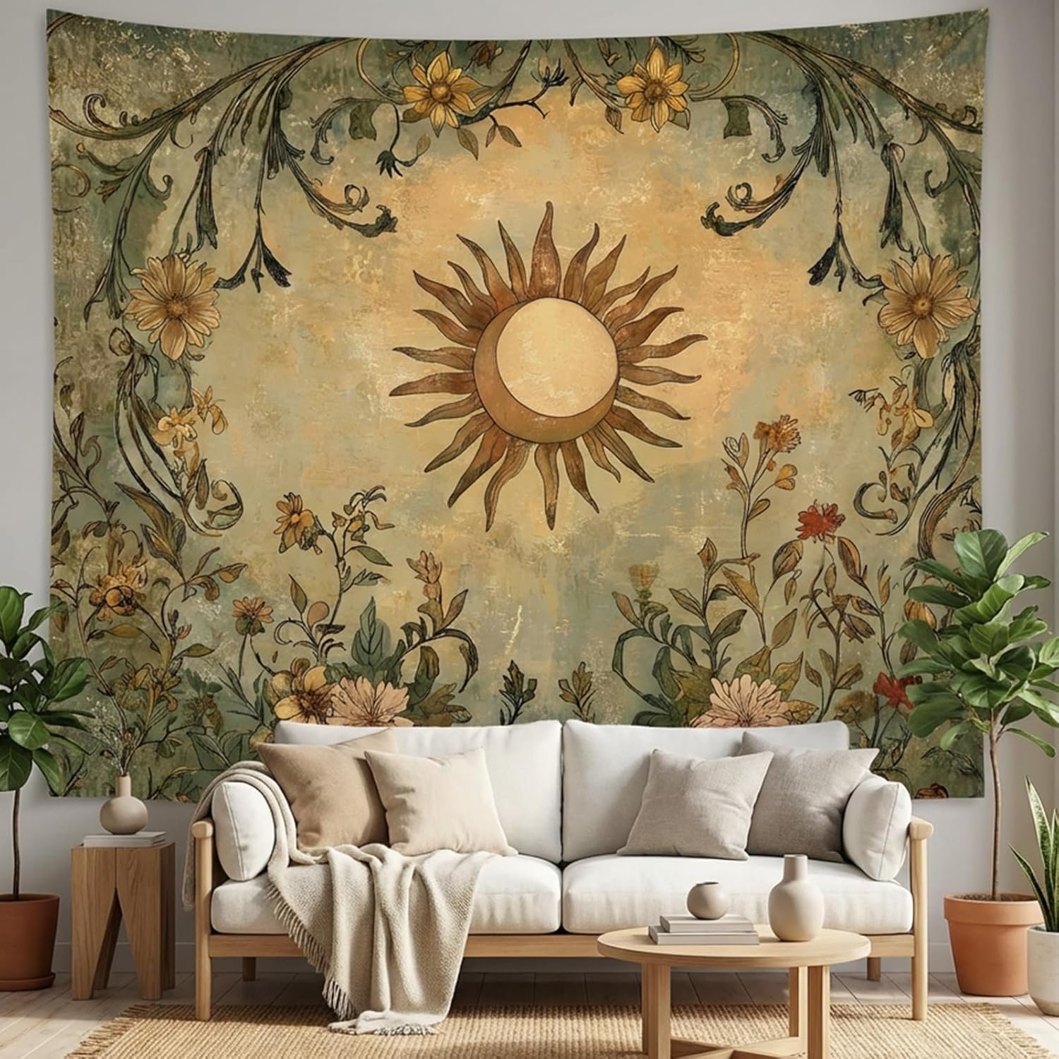 Lifeel Vintage Sun and Moon Tapestry, Boho Retro Green Plant Aesthetics Tapestries for Living Room Dorm, 36×48 inches
