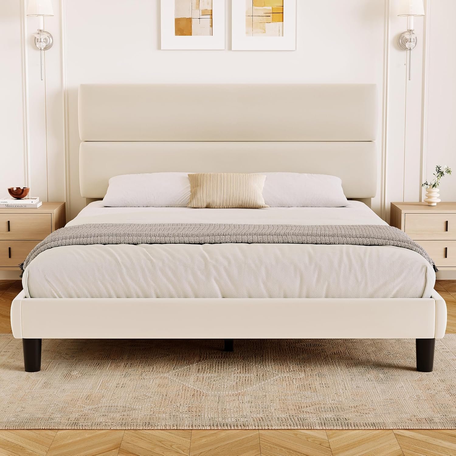 GRUSIGN Queen Size Platform Bed Frame with Velvet Headboard, Adjustable Height Wooden Slats Support, Upholstered Mattress Foundation, Fits Mattress or Mattress with Box Spring, Easy Assembly, Beige
