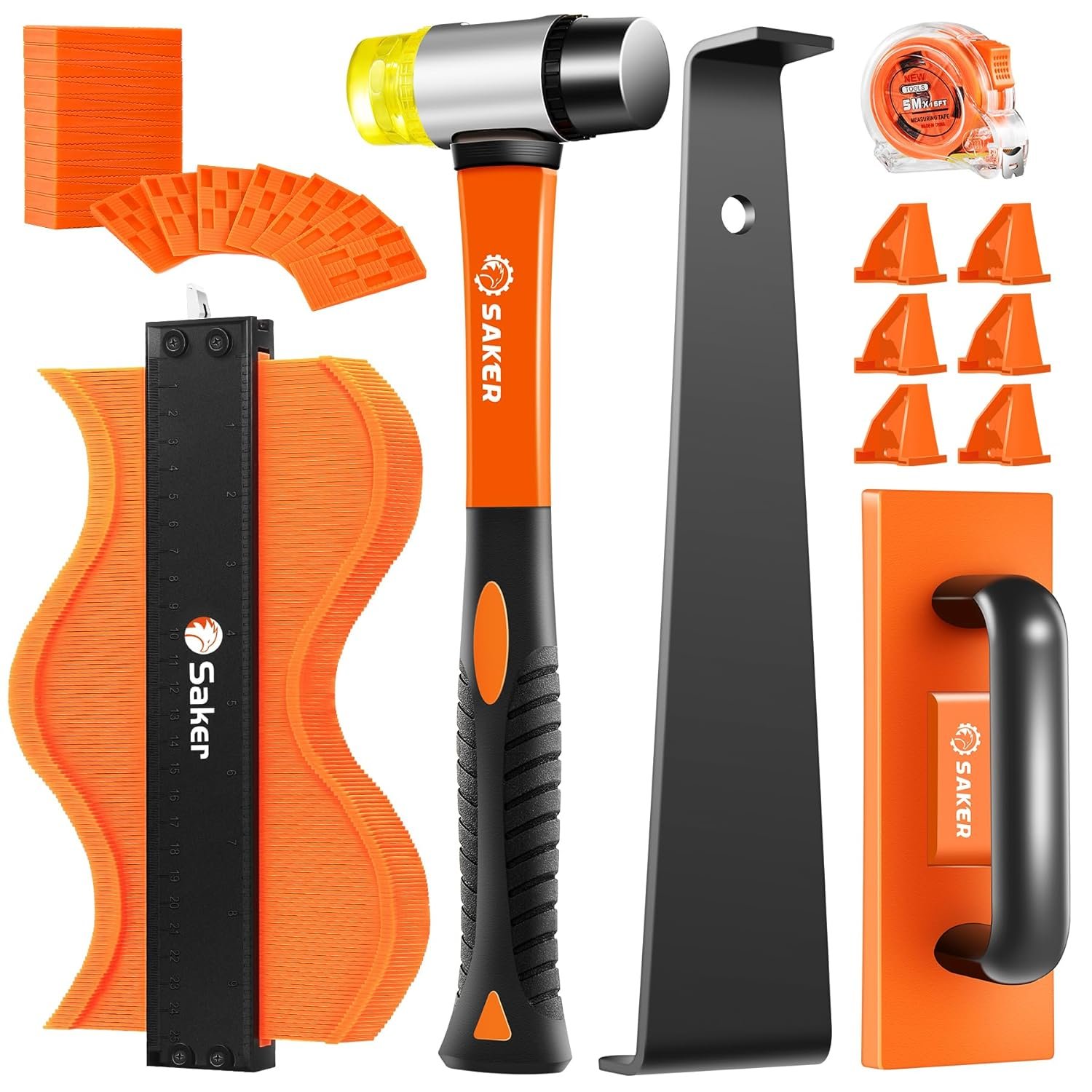 Saker Laminate Flooring Tools, 65-Piece Wood Flooring Installation Kit | 60 Flooring Spacers,Tapping Block with Handle, Pull Bar, 10”Contour Gauge, Rubber Mallet, Tape Measure