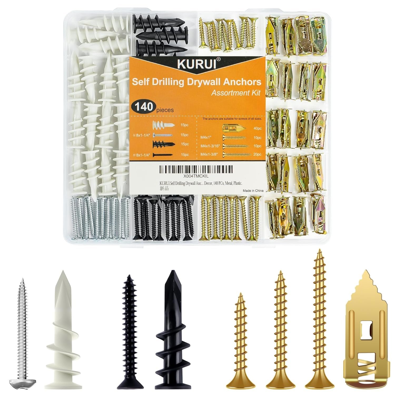 Self Drilling Drywall Anchors Assortment Kit 140Pcs, 30 Sets Heavy Duty Plastic Expansion Anchor and 40 Sets Drywall Grip Anchors and Screws, for Hanging Wall Decor,Picture Frames,Shelves