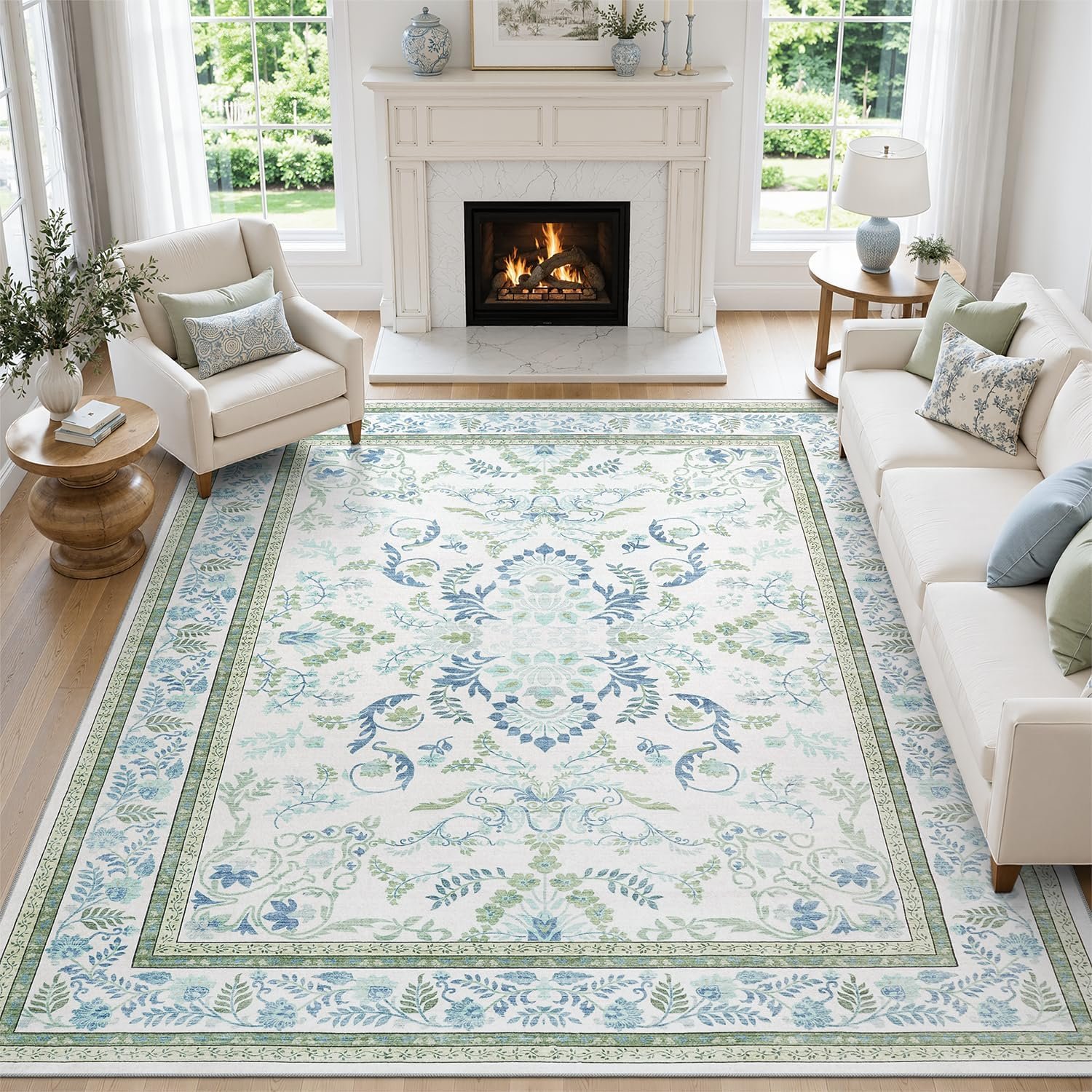 DCX Blue and Green Washable 9×12 Area Rug | Rubber Back Non Slip, Stain Resistant Botanical Rug for Living Room, Soft Low Pile Large Nursery Carpet, Kid & Pet Friendly