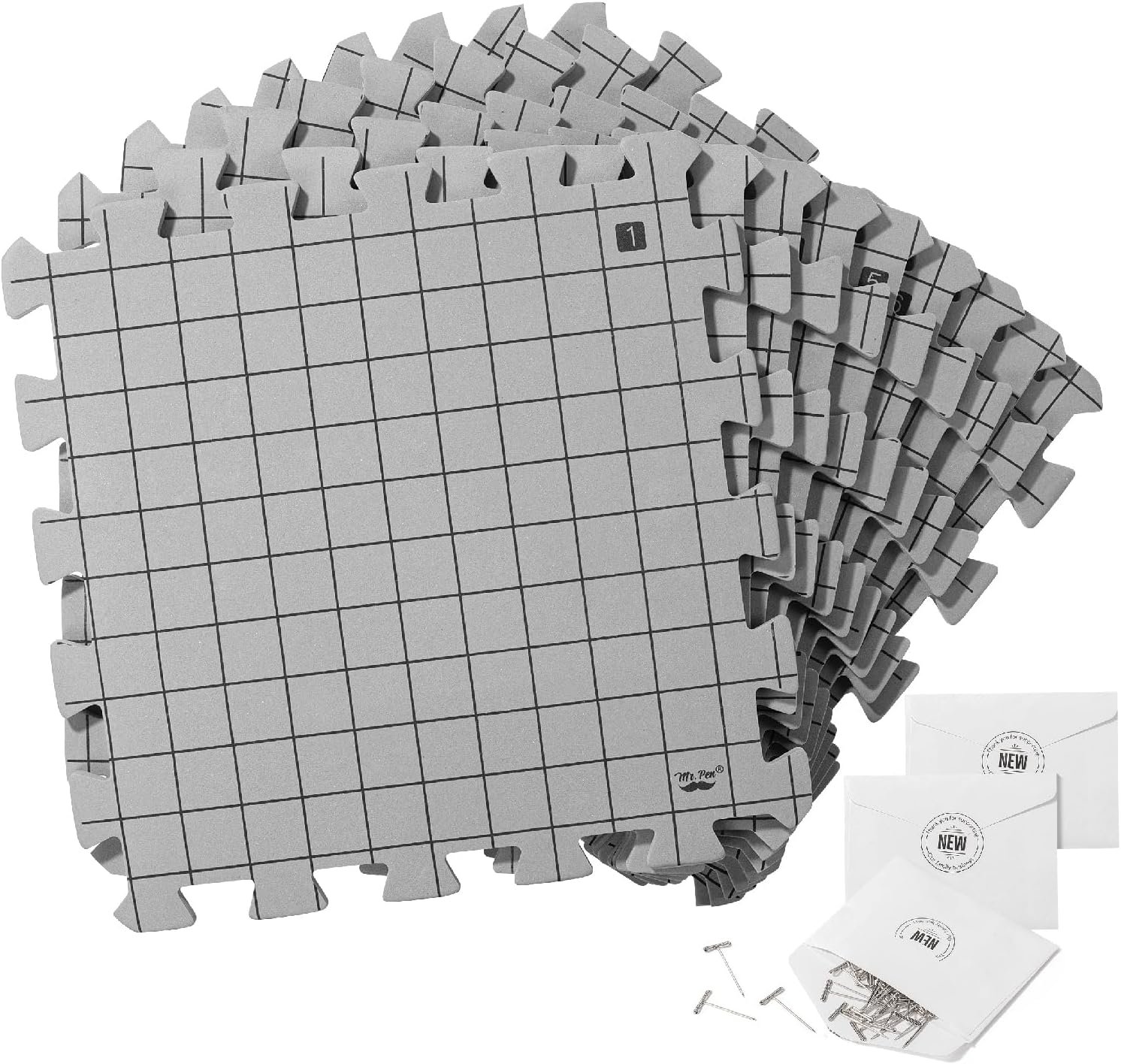 Mr. Pen- Blocking Mats for Knitting & Crochet Projects, 12″ x 12″ | 9 Pack with 150 pcs T-Pins, Gray Aligned Grid Knitting Blocking Mats and Pins, Water & Heat Resistant