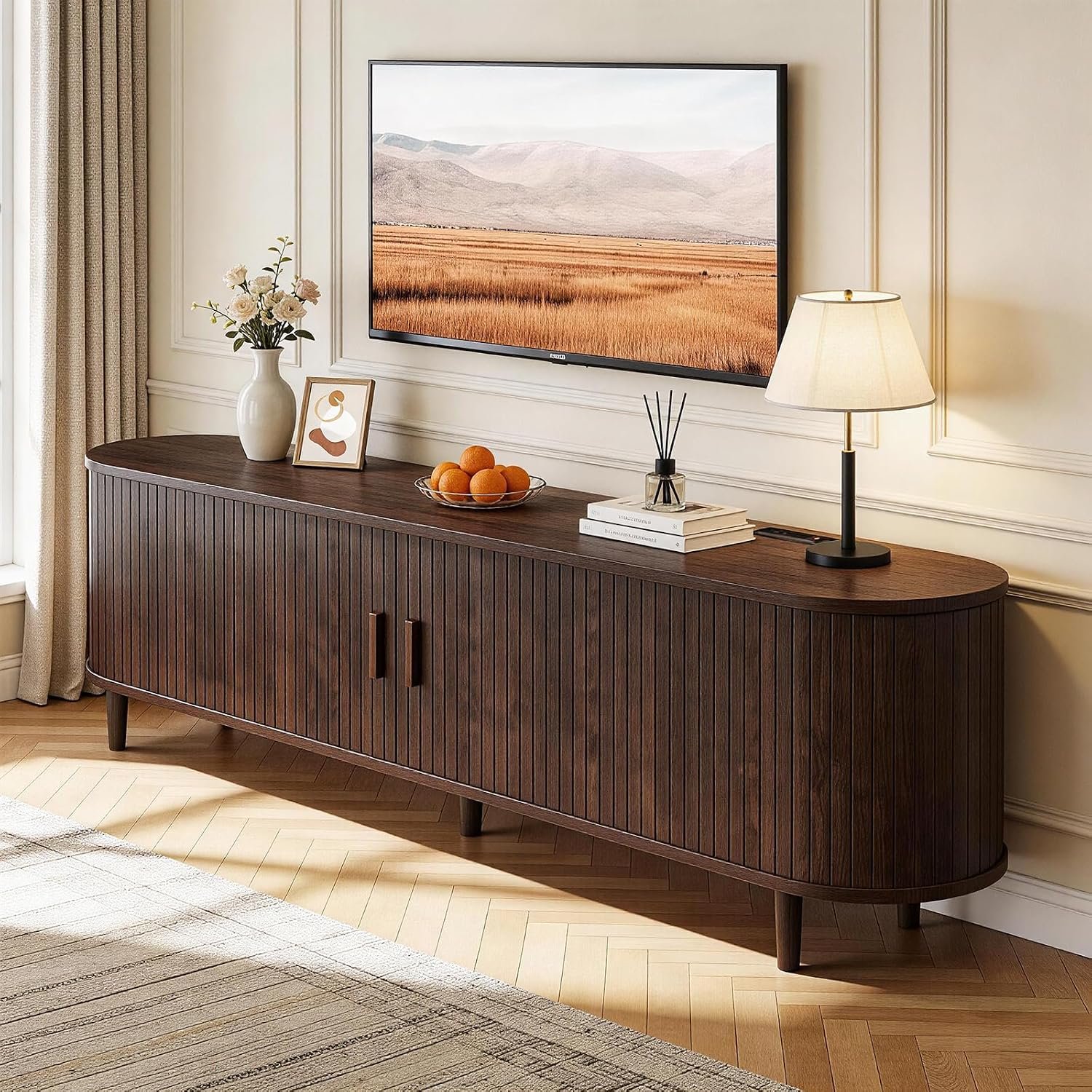 65″ Mid Century Modern TV Stand with Power Outlet, Fluted Entertainment Center with Storage and Adjustable Shelves, Wood TV Console with Sliding Doors for Living Room, Walnut