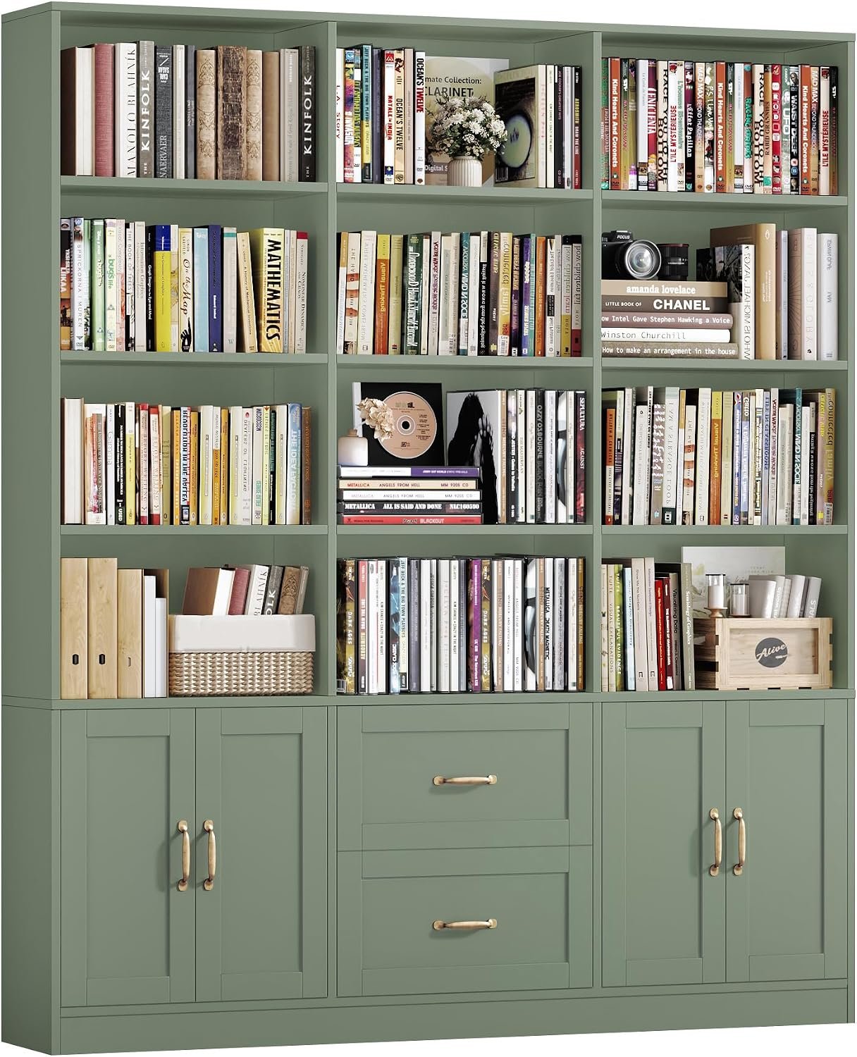 HOSTACK 71″ Tall Triple Wide Bookshelf with Storage Drawers & Doors, Green | Large Bookcase with Cabinet, Modern 6-Tier Open Display Shelves, Wood Book Shelf for Living Room, Home Office