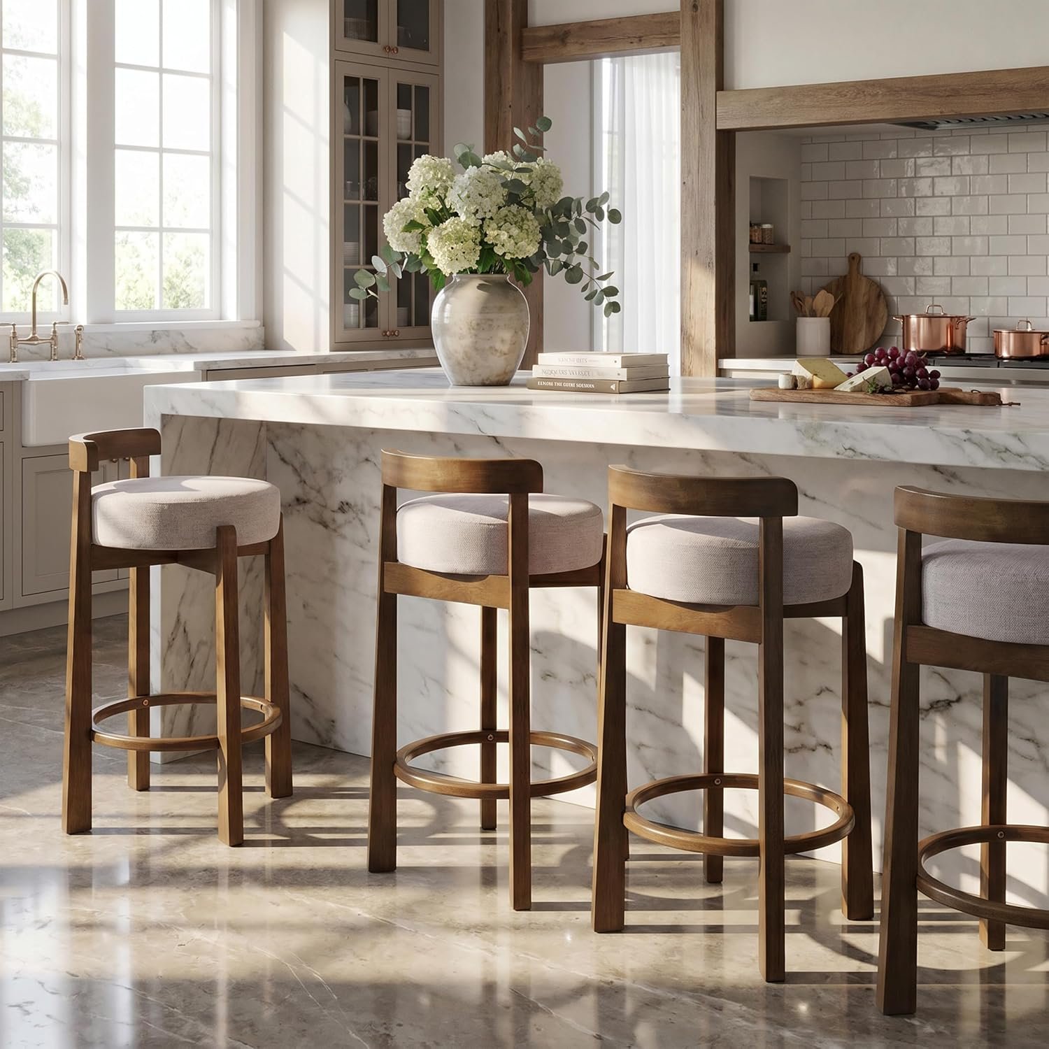 Christopher Knight Home Elise Counter Height Bar Stools Set of 4, Linen Upholstered Barstool for Kitchen Island, Rubberwood Counter Stool with Footrest, Dark Walnut+Ivory