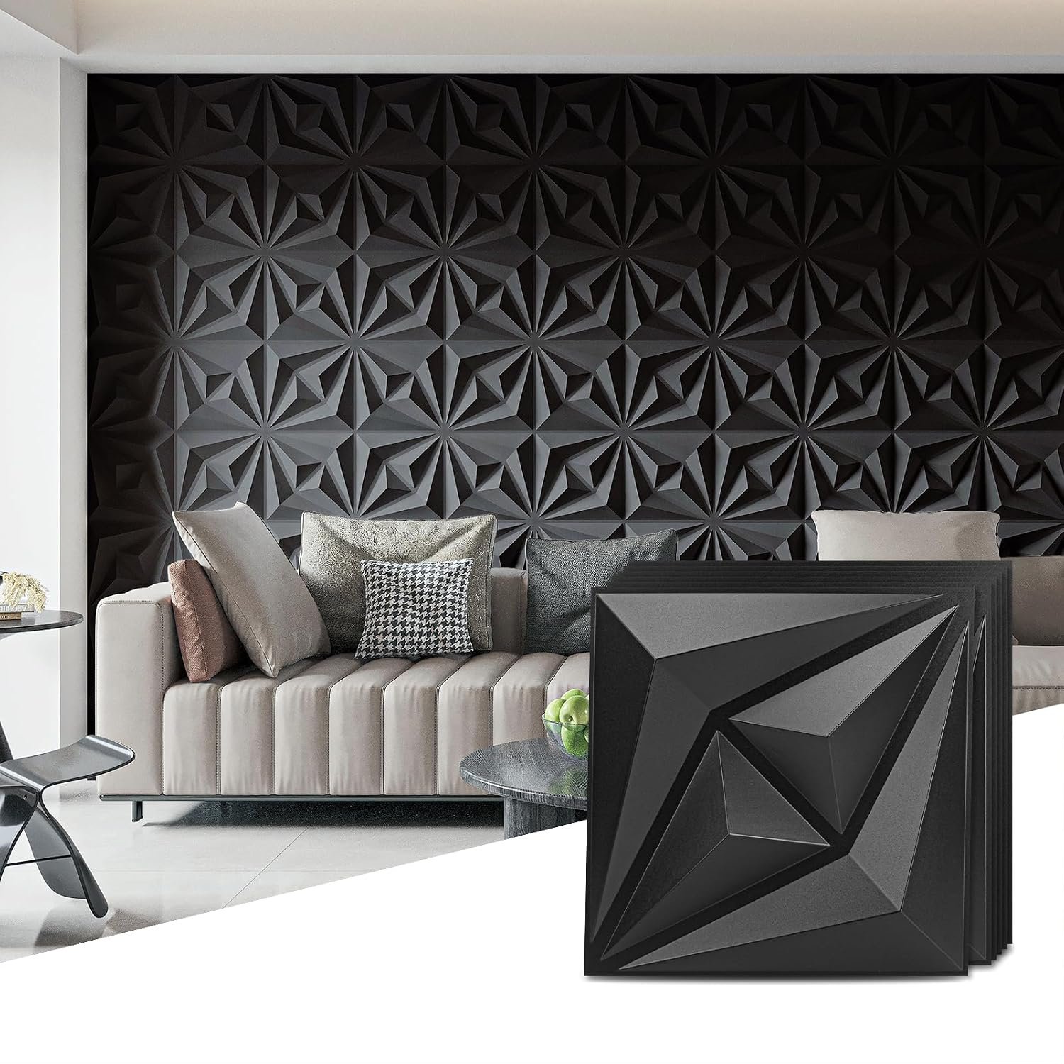 3D Wall Panels, Black, 12×12 Inch, 20 Pcs | PVC Textured, 3 Layout Options, for Interior Wall Decor, for Living Room Bedroom TV Background Gaming Room