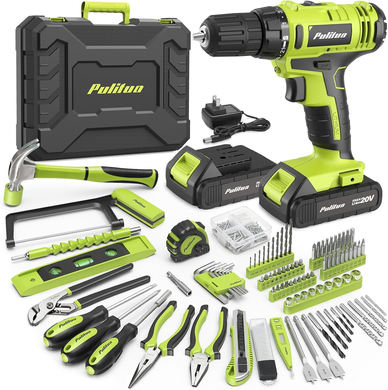 PULITUO 199-Piece Power Tool Set with 20V Cordless Drill Driver, Electric Screwdriver, 2 Batteries, Charger, LED Light and Toolbox, Home DIY Drill Set for Women and Men(Green)