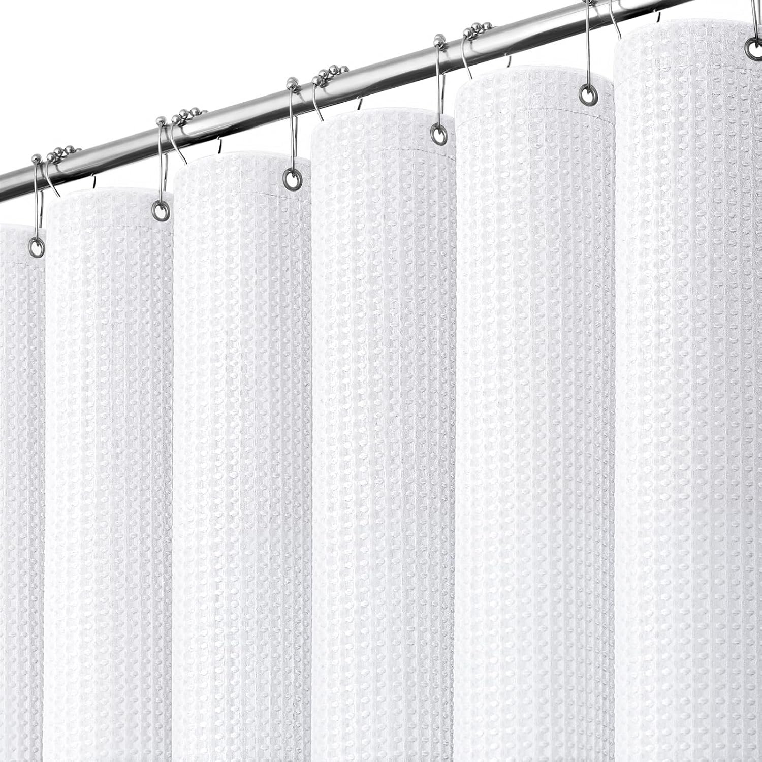 Waffle Shower Curtain 256 GSM Heavy Duty Fabric 72″x72″ White | Thick Textured Cloth, Weighted Hem, Water Repellent Washable, Hotel Luxury Polyester Shower Curtain Set for Bathroom 12 Hooks