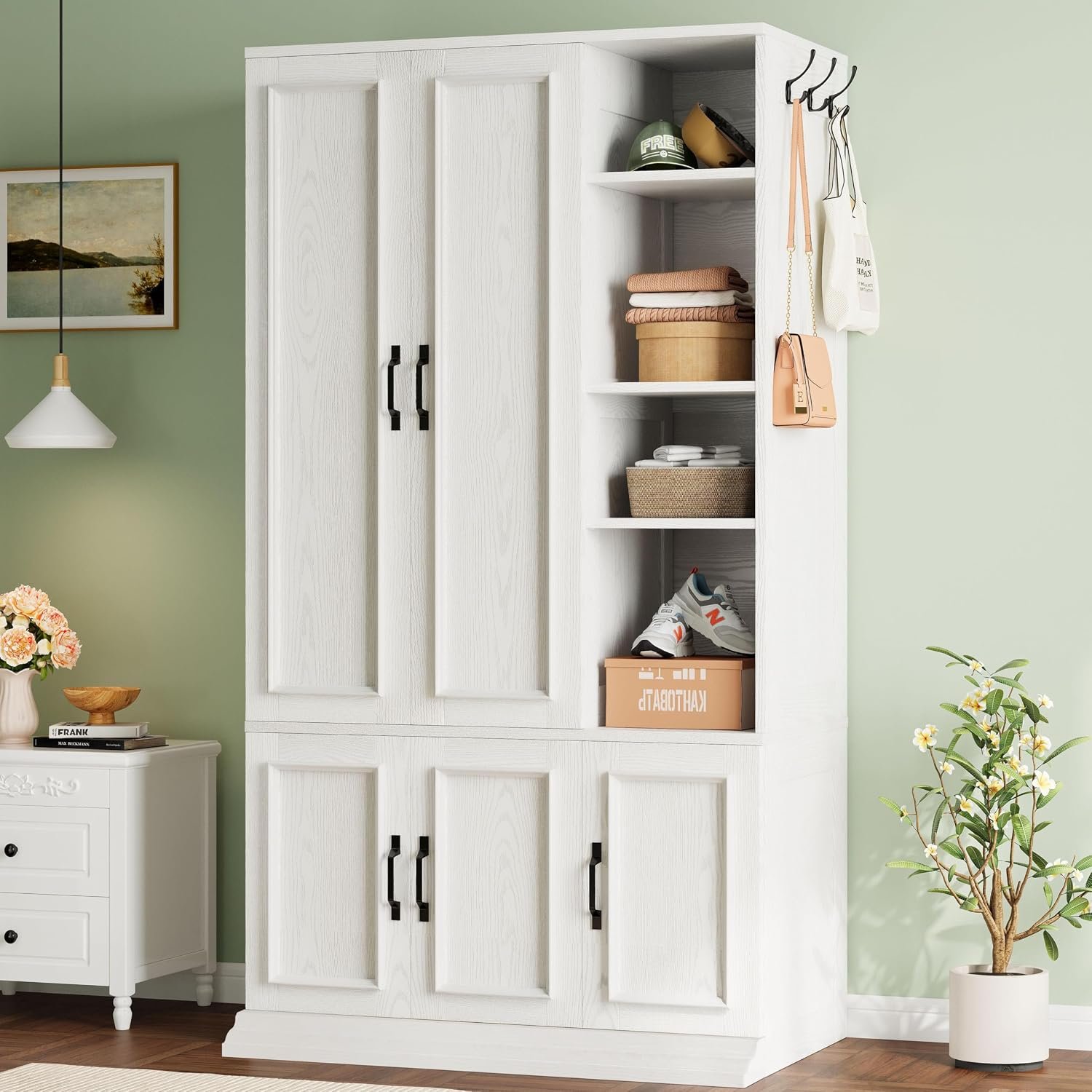 LIKIMIO Armoire Wardrobe Closet 70″ H, 5 Doors for Bedroom, White | Wooden Wardrobe with 4 Storage Shelves and Hanging Rod, Clothing Storage Cabinet Organizer Combination