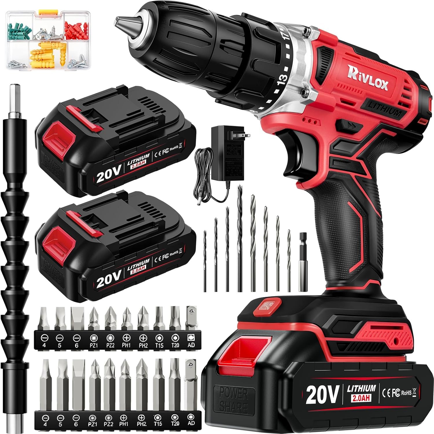 20V Cordless Drill Set,Electric Power Drill Cordless,Power Drill Drivers | Electric Screwdriver – 2.0Ah Batteries, 30Nm，21+1 Torque,2 Speed,34pcs Acessories,Built-in LED,Kit for Home,Red
